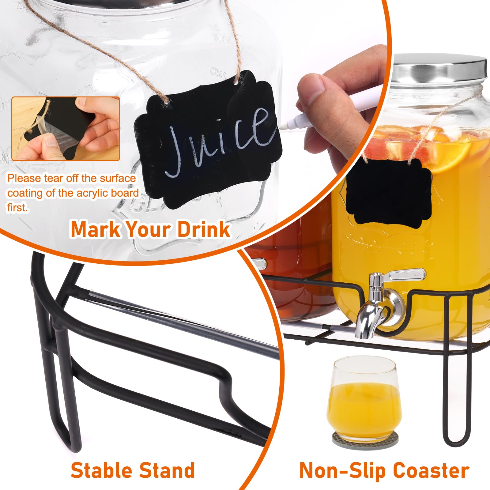 Moretoes Dispensador de bebidas de vidrio para fiestas, paquete de 2 dispensadores de bebidas de 1 galón con soporte para jugo y té helado, dispensador de jarra de agua para limonada, jarra de bebidas