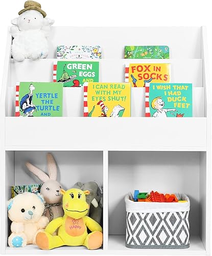 KOTEK Estantería para niños con organizador de almacenamiento de juguetes, estantería para niños con estante de libros de 3 niveles y 2 cubos