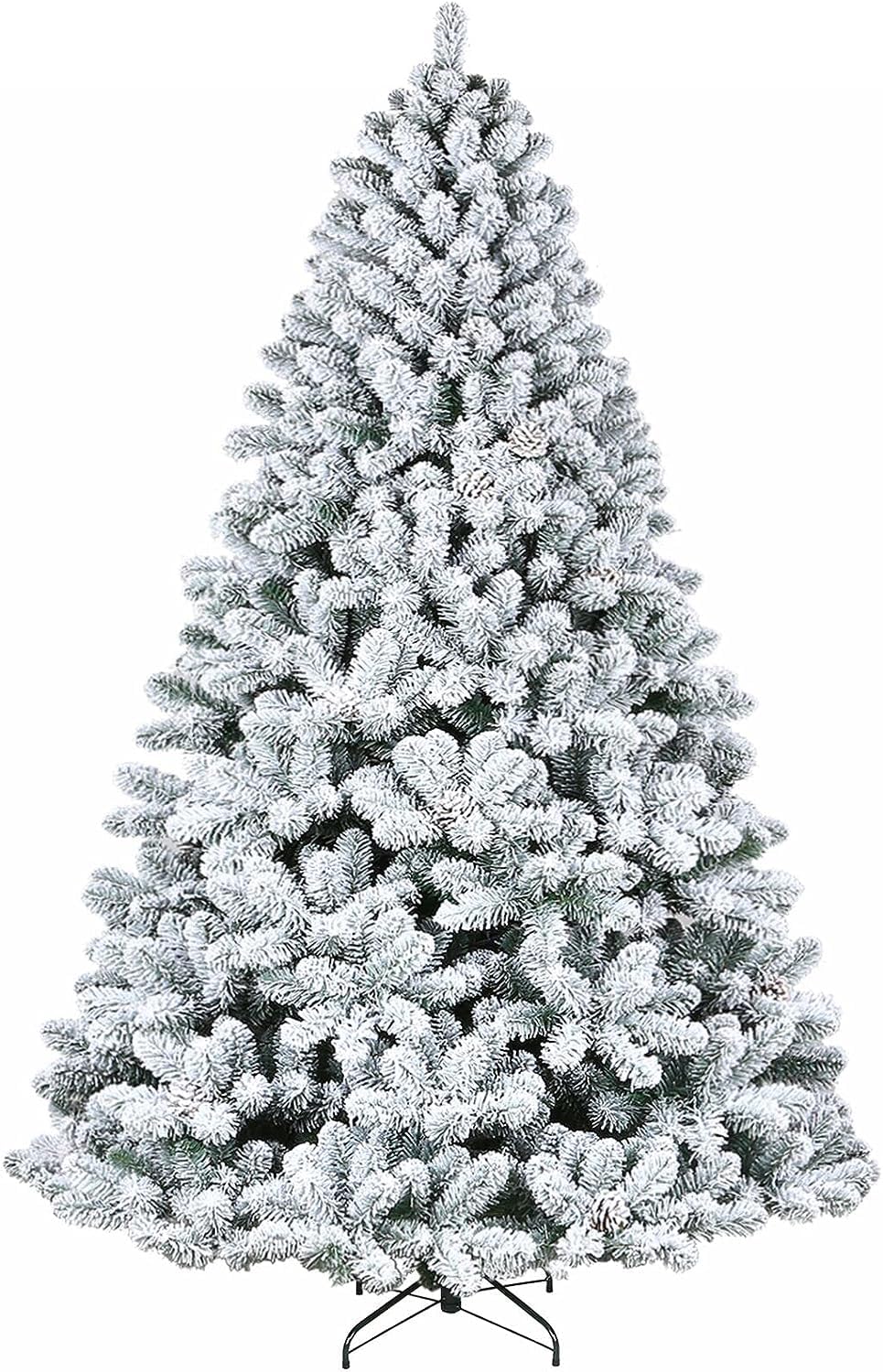 Hykolity 7.5 ft Snow Flocked Artificial Christmas Tree w/Pine Cones, 1446 PVC Branch Tips, Metal Stand and Hinged Branches, Holiday Decoration Trees for Home