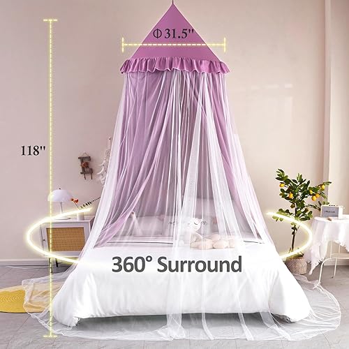 Vista 34 de Kertnic Toldo de cama grande de 31.5 pulgadas para niñas, toldo de princesa con volantes de ensueño de doble capa, tienda de campaña colgante