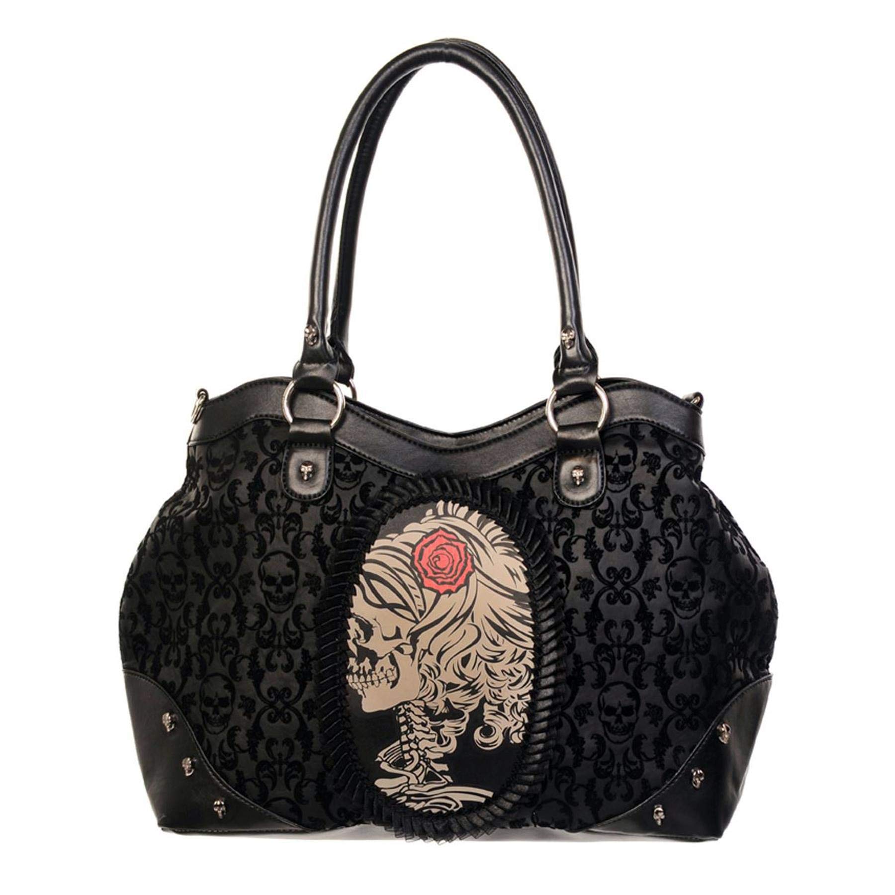 Banned Black Flocked Cameo Skull Rose Shoulder Bag Handbag Tattoo Goth New Bedlam