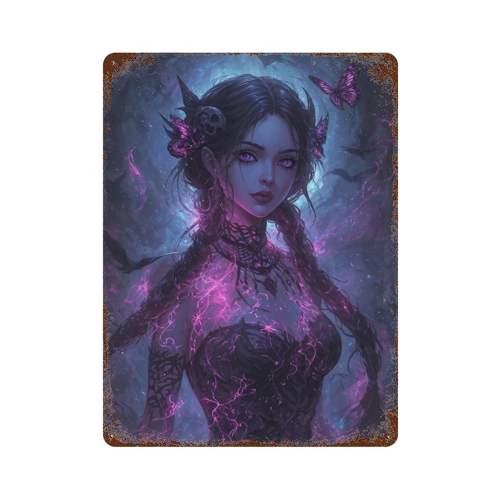 Fantasy Woman with Butterflies And Magic Rust Effect Tin Sign 15.7"x11.8", Farmhouse Wall Decor for Living Room, Hallway And Home Decor
