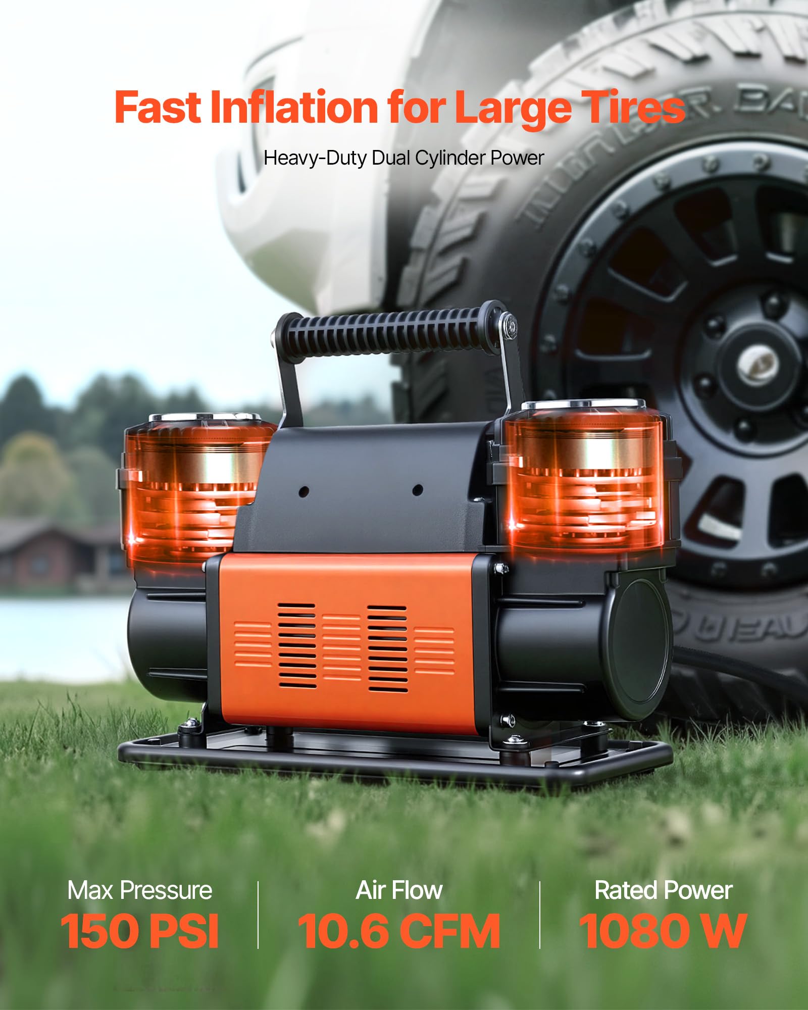 VEVOR Compresor de Aire de Doble Cilindro para Trabajo Pesado, Inflador de Neumáticos Portátil 300 L/min, con Manómetro Digital y Adaptadores a Camiones, SUV y Autocaravanas, 365 x 150 x 227 mm — view 2