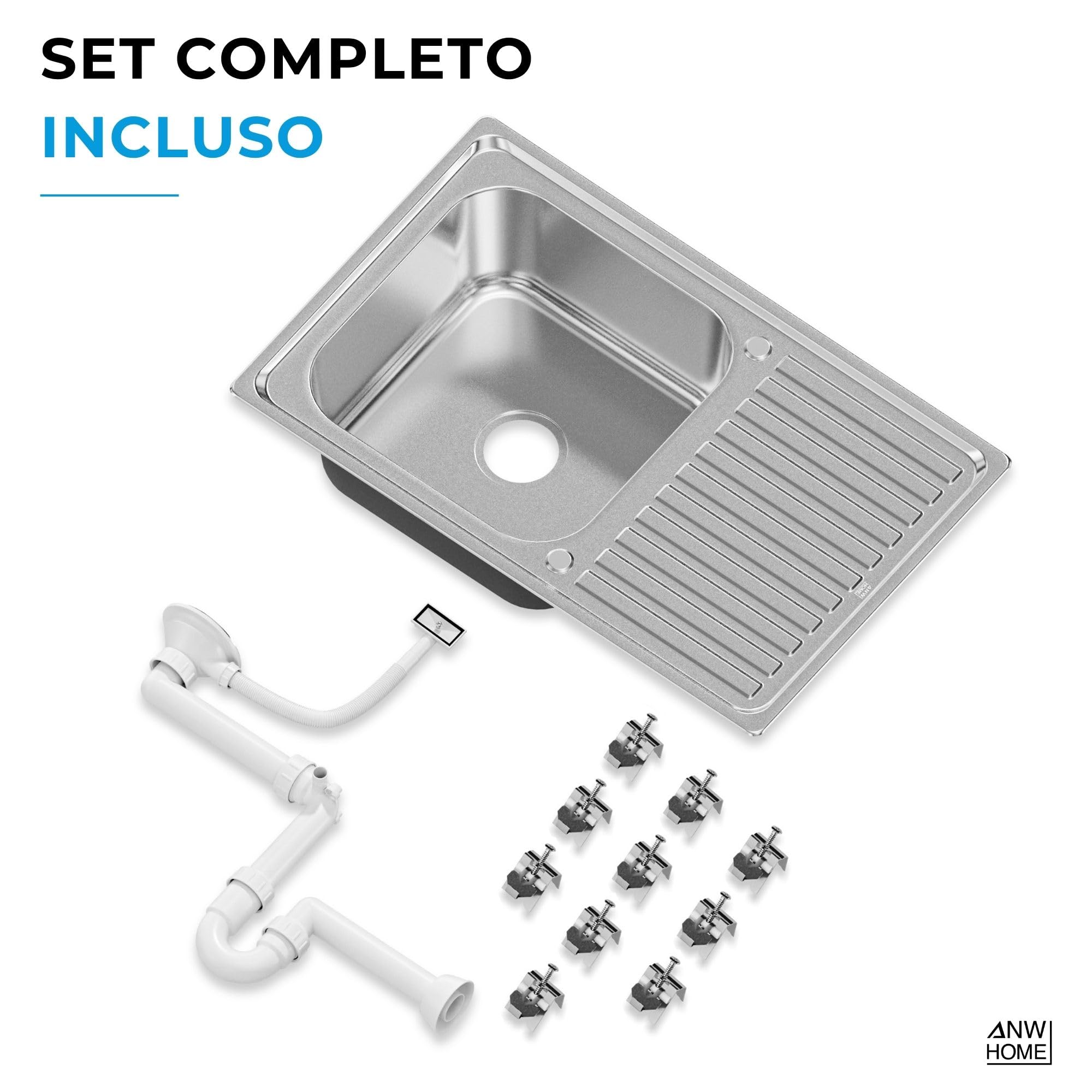 ANW HOME Lavello Cucina 1 Vasca 80x50 cm, Acciaio Inox | Incasso, Finitura Satinata, Spessore 1 mm, Con Sifone