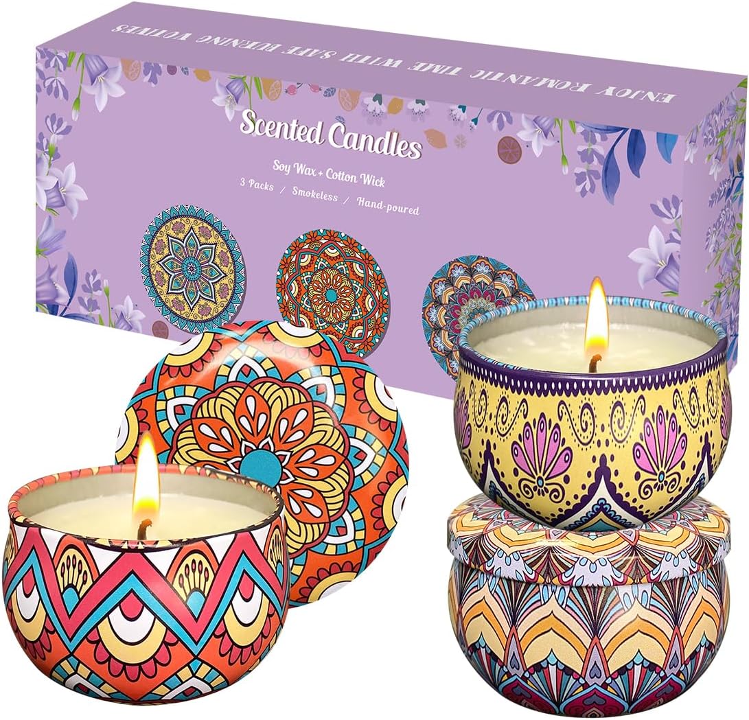 Set of 3 Scented Candles, 2.5 oz Floral Therapy Candles, Natural Soy Candle Set, 36 Hour Burn Time, Ideal Gift for Women (Blue Chimes, Mandarin, Lavender)