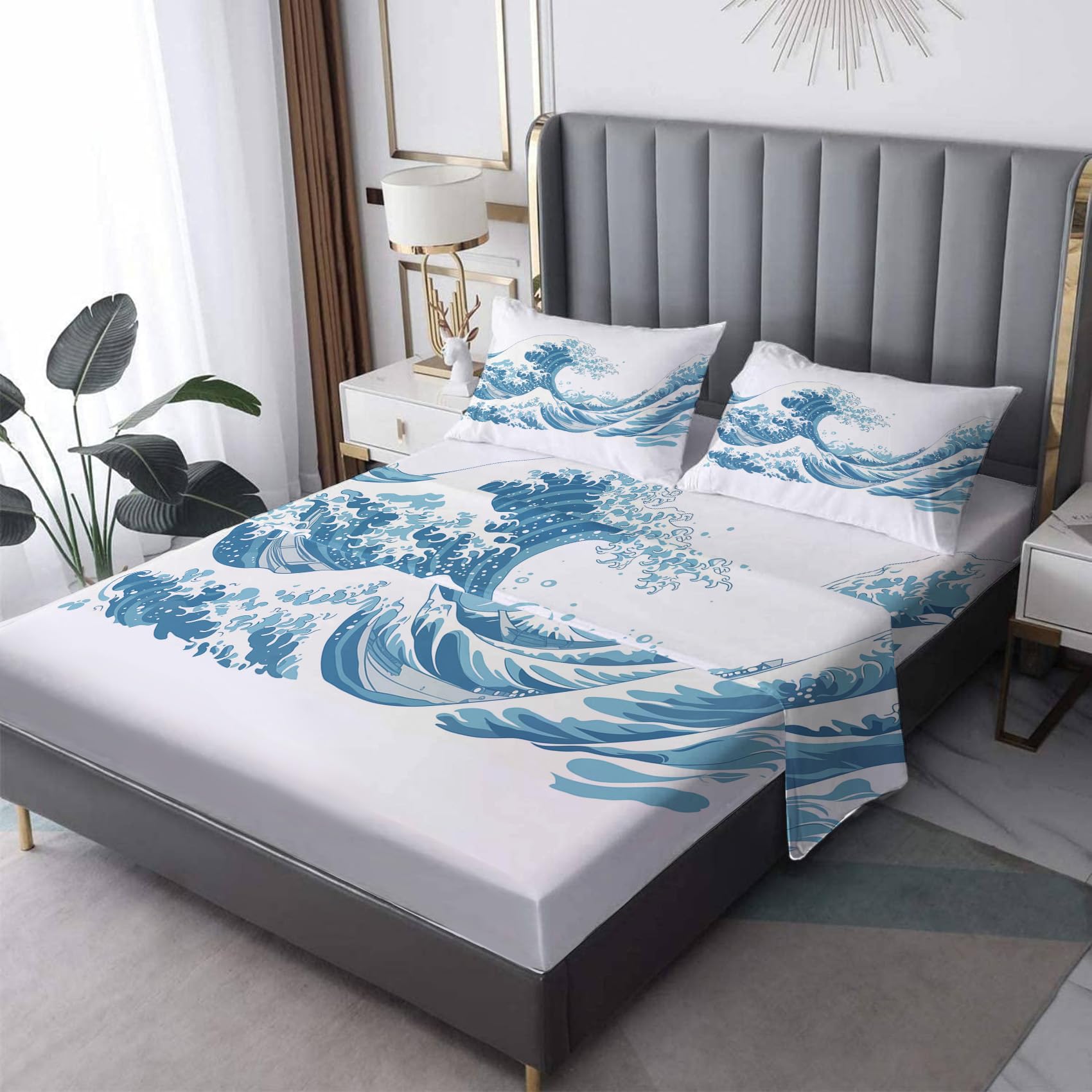 Zvynqour - Twin Size Sheet Set Japanese Wave Pattern Deep Pocket Fitted Sheets Flat Sheets & Pillowcases 3 Piece Set Bedding & Decor