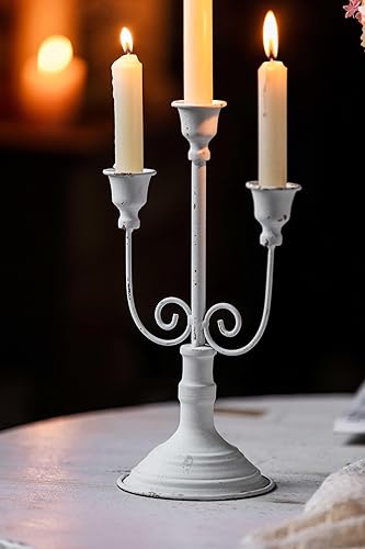 SOFE Candelabros antiguos de 3 brazos de 12 pulgadas de alto, centros de mesa de metal blanco para mesas, decoración de candelabros Shabby Chic