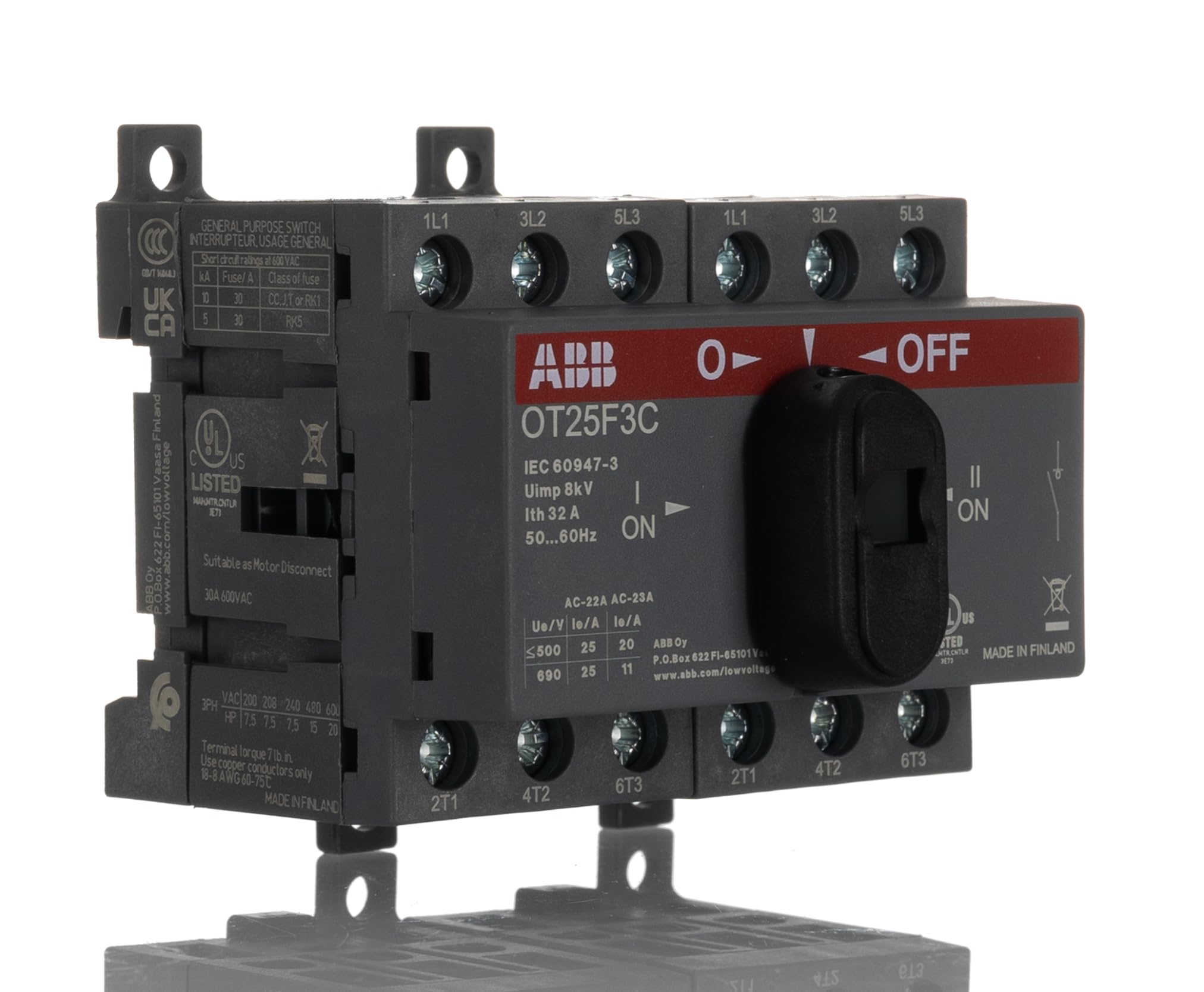 ABB 3 Pole Base Mounting Changeover Switch - 25A Maximum Current, 9kW Power Rating, IP20