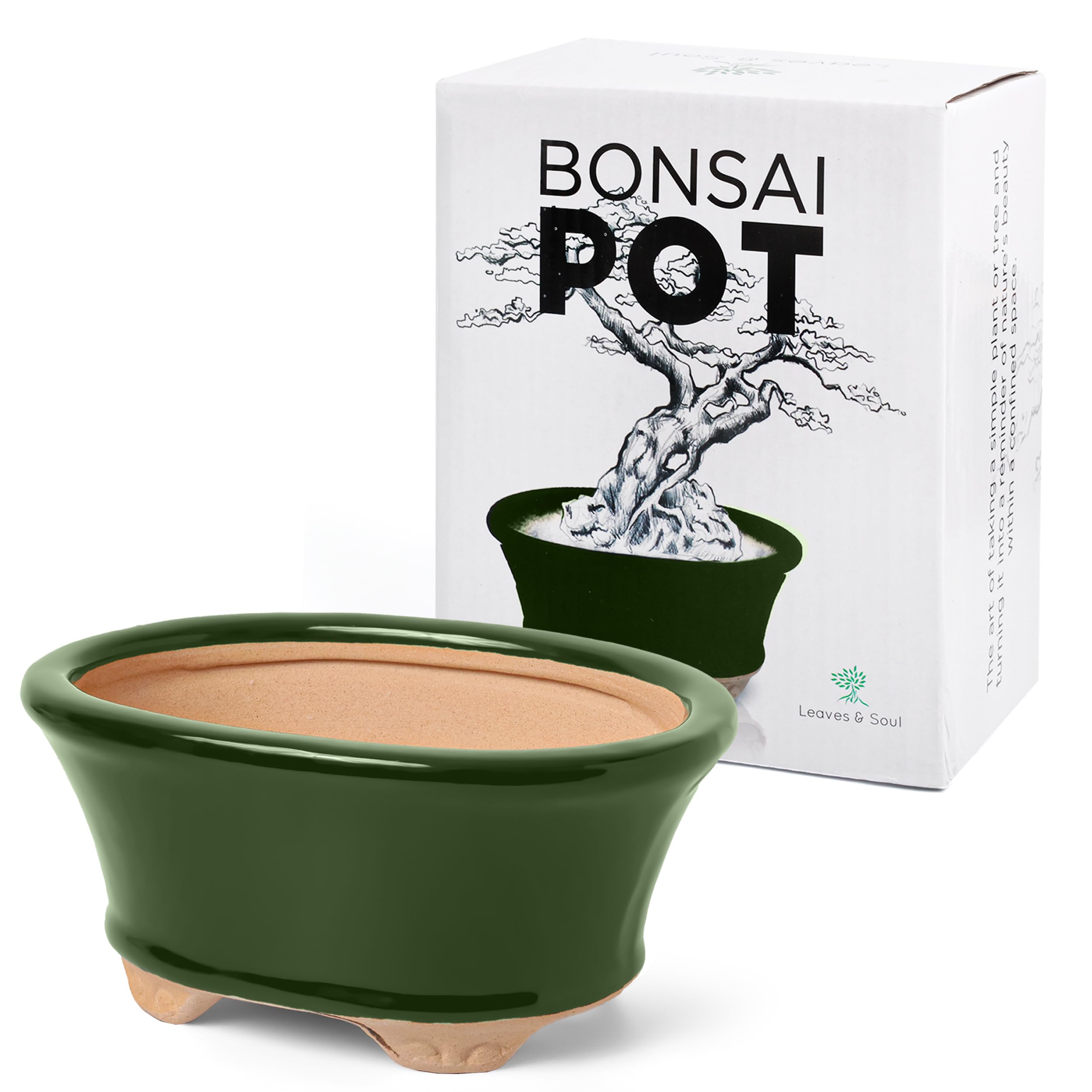 Glazed Ceramic Bonsai Pot - Decorative Planter for Dwarf Trees, Succulents, and Small Plants - Perfect for Indoor and Outdoor Gardens, Table Centerpieces and Windowsill Décor - Green Oval