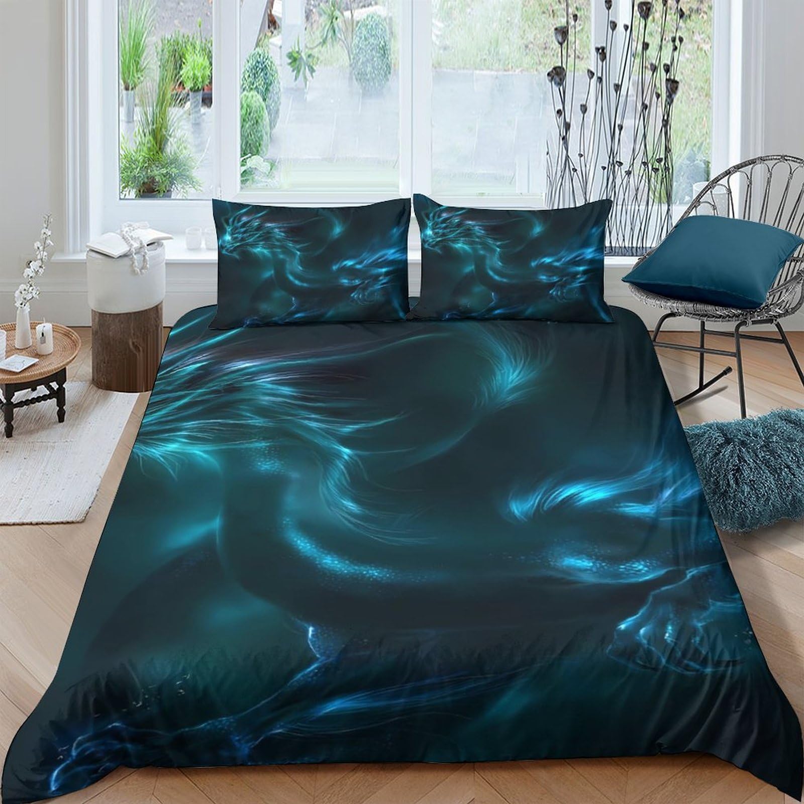 GPLZQXKJNH 3D Printed Blue Aurora Duvet Cover Microfiber Soft Breathable Ocean Mist Quilt Cover Set with 2 Pillowcases for Bedroom Home Decor Single（135x200cm）