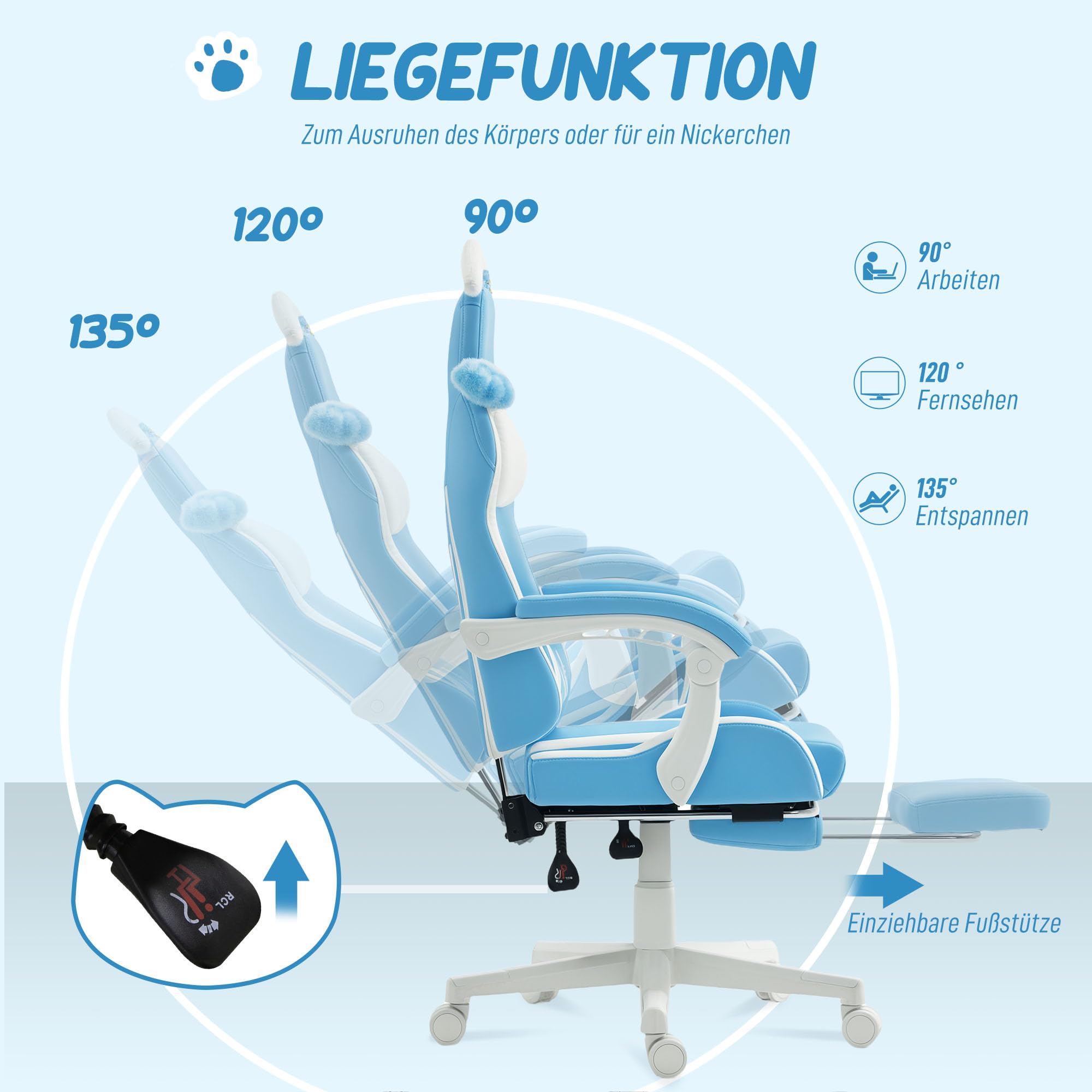 HOMCOM Fotel gamingowy, ergonomiczny fotel dla graczy z podparciem okolic lędźwiowych, podnóżek, fotel gamingowy z kocimi uszami, poduszka pod głowę, regulowana wysokość, krzesło biurowe z funkcją