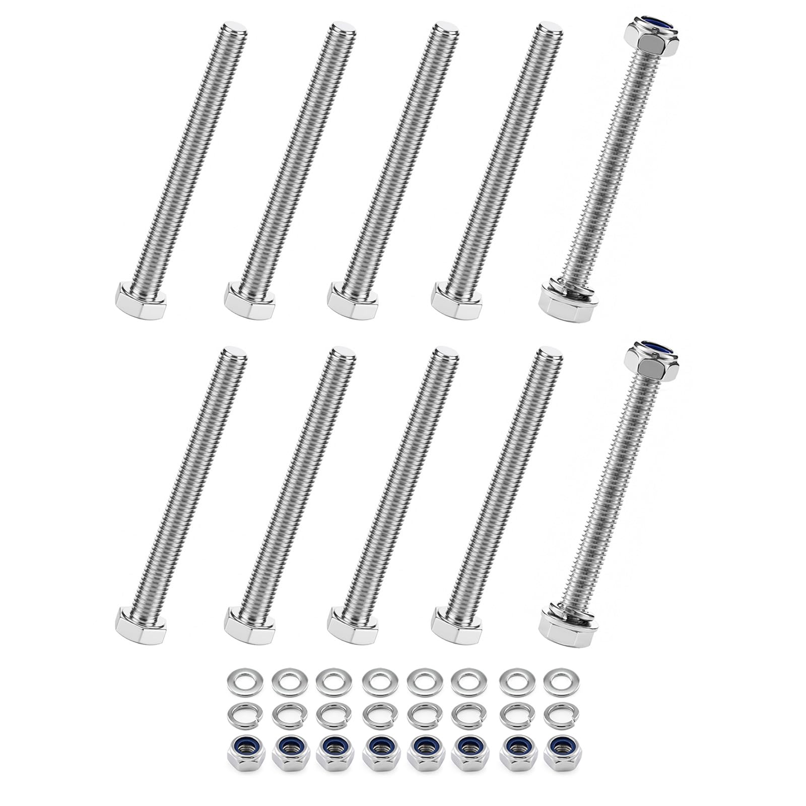10-Pack M8 x 80mm 304 Stainless Steel Hex Head Bolts with Nylon Nuts and Flat Washers, Fully Threaded DIN 933 Metric Bolt Kit for Construction, Automotive, Furniture, Machinery & 3D Printing