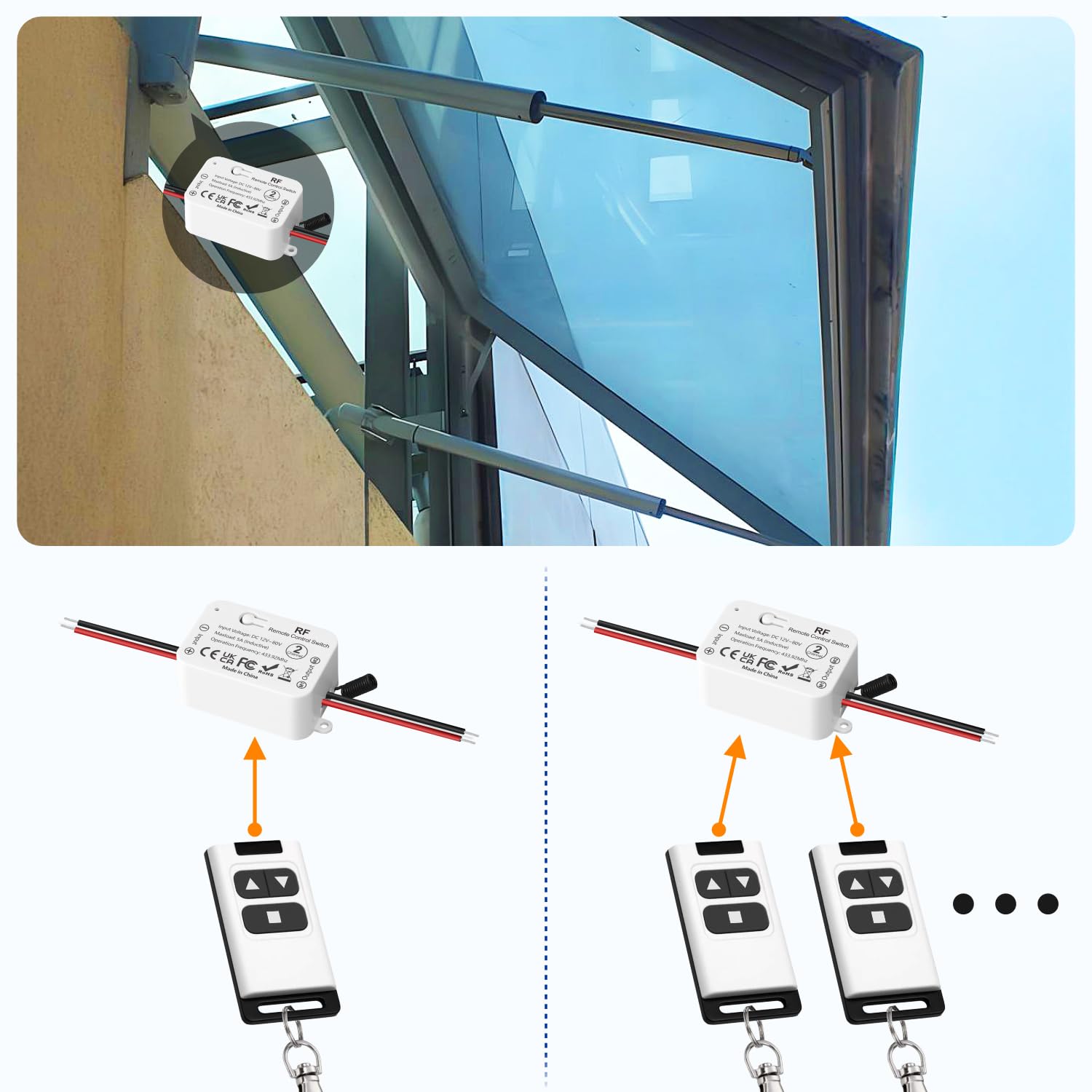 Control Remoto Inalámbrico 12V 24V 48V 80V para Motor DC Actuador Lineal Puertas Garaje Persianas Mando Bidireccional 2 Unidades