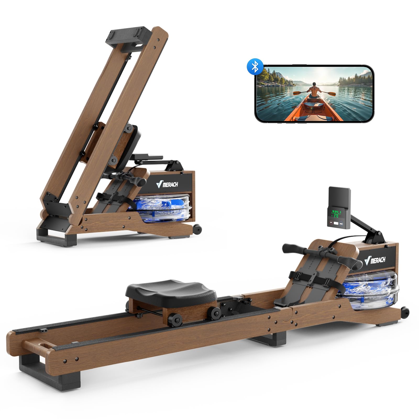 MERACH Water Rowing Machines for Home, Wood Rower Machine with 12 Enhanced Resistance Blades, Upgraded Handle, Adjustable Footpad, Dedicated Monitor & Bluetooth App