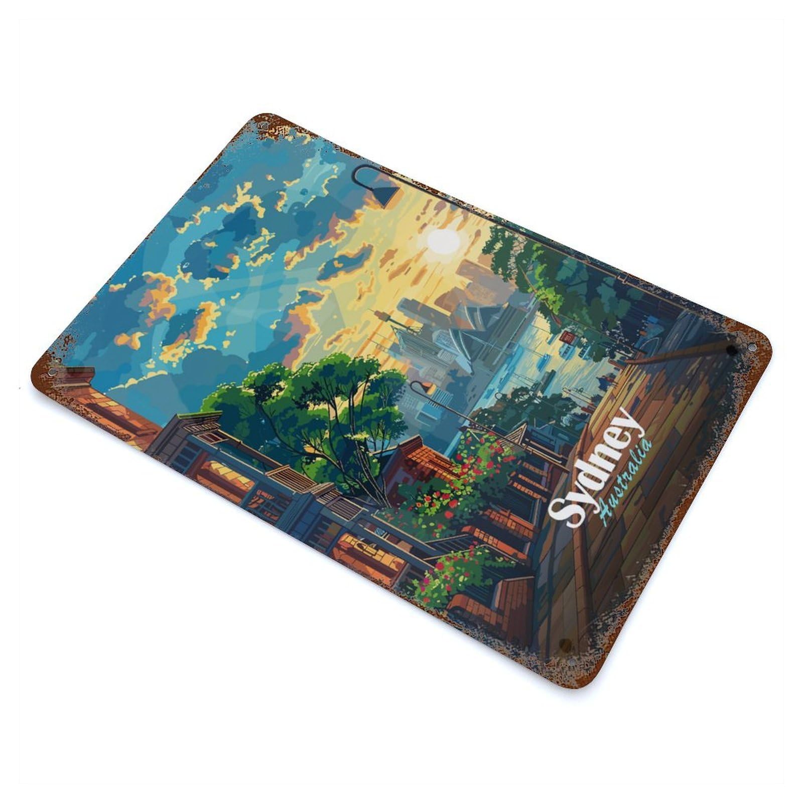 Sydney Sunset Cityscape Weathered Tin Sign 11.8"x7.9", Novelty Wall Decor for Garage, Pub Or Kitchen