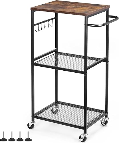 NANANARDOSO Carrito de cocina con ruedas carrito de almacenamiento de malla de 3 niveles parte superior de aspecto de madera y marco de metal para