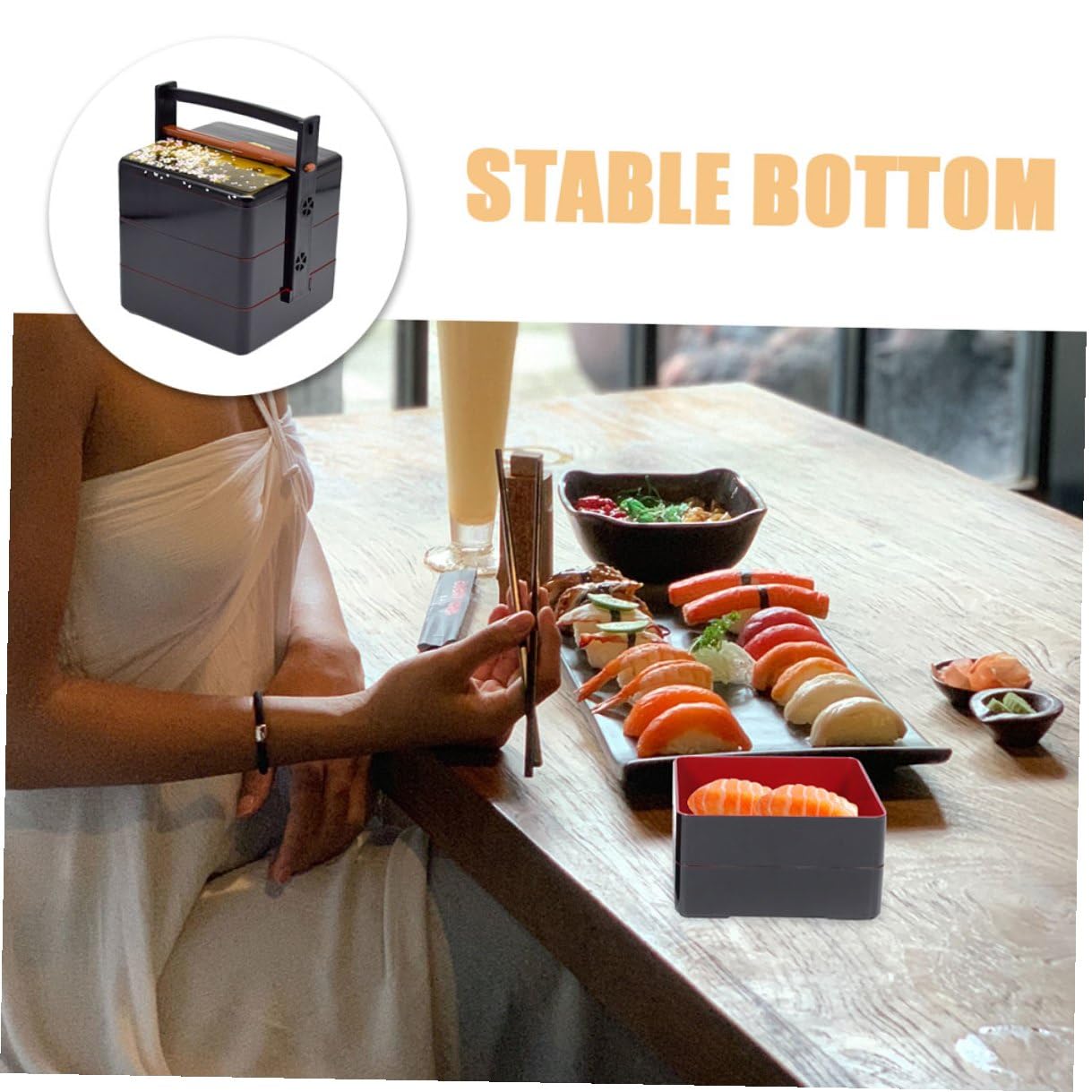 POPETPOP Boîte à Bento Japonaise Portable Noire à Trois Couches, ABS