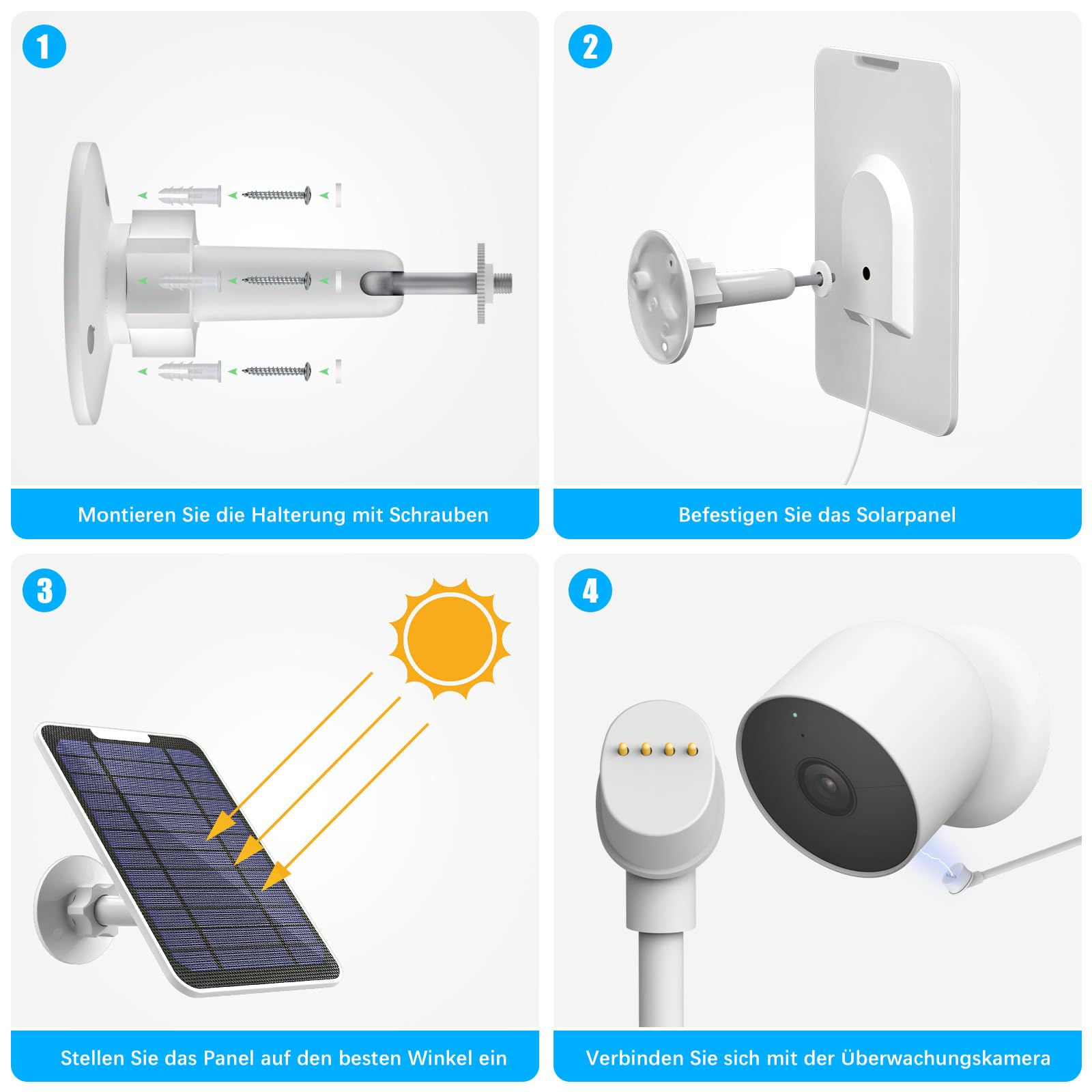 Solarmodul für Google Nest-Kamera im Innen- und Außenbereich (Akku-Version), 5 V, 4 W, Solarladegerät mit 3,5 m Kabel, IP65 wasserdicht, speziell für Google Nest Cam (4 Stück Solarmodul für Google Nest-Kamera im Innen- und Außenbereich (Akku-Version), 5 V, 4 W, Solarladegerät mit 3,5 m Kabel, IP65 wasserdicht, speziell für Google Nest Cam (4 Stück