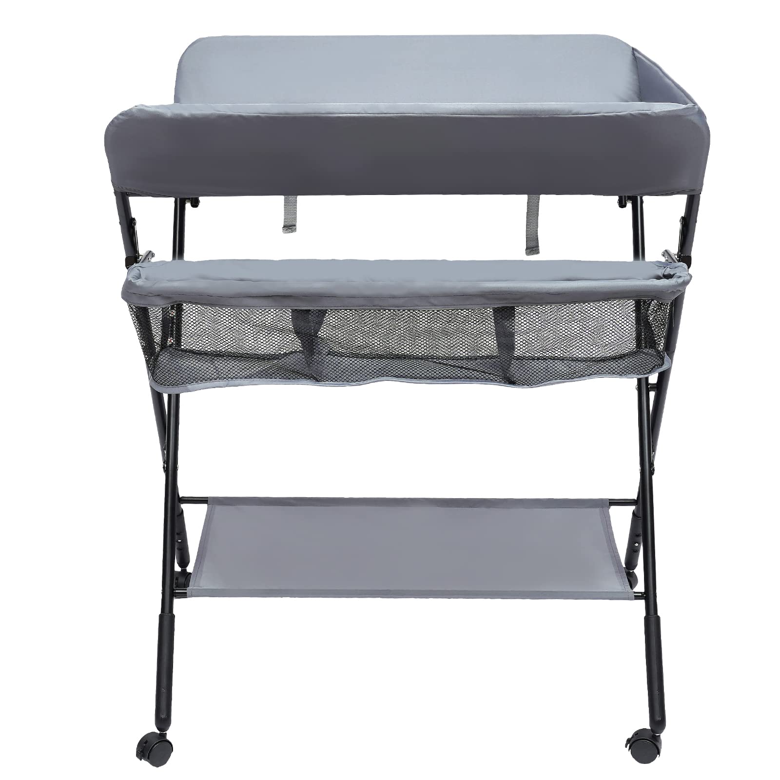 Cambiador plegable para bebé, portátil, cambiador portátil, 25 kg, estación cambiadora para niños, 3 compartimentos, con 4 ruedas universales, cinturón de seguridad