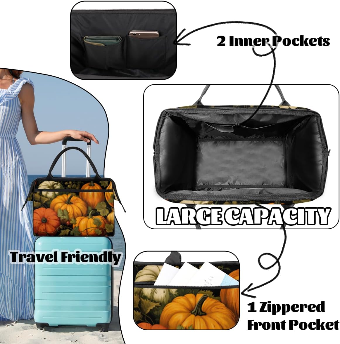 Pumpkin Leaves Red Fruits Gym Bag for Women Men, Travel Sports Duffel Bag with Trolley Sleeve, Waterproof Sports Gym Bag Weekender Overnight Bag Carry On Tote Bag for Travel Gym Sport