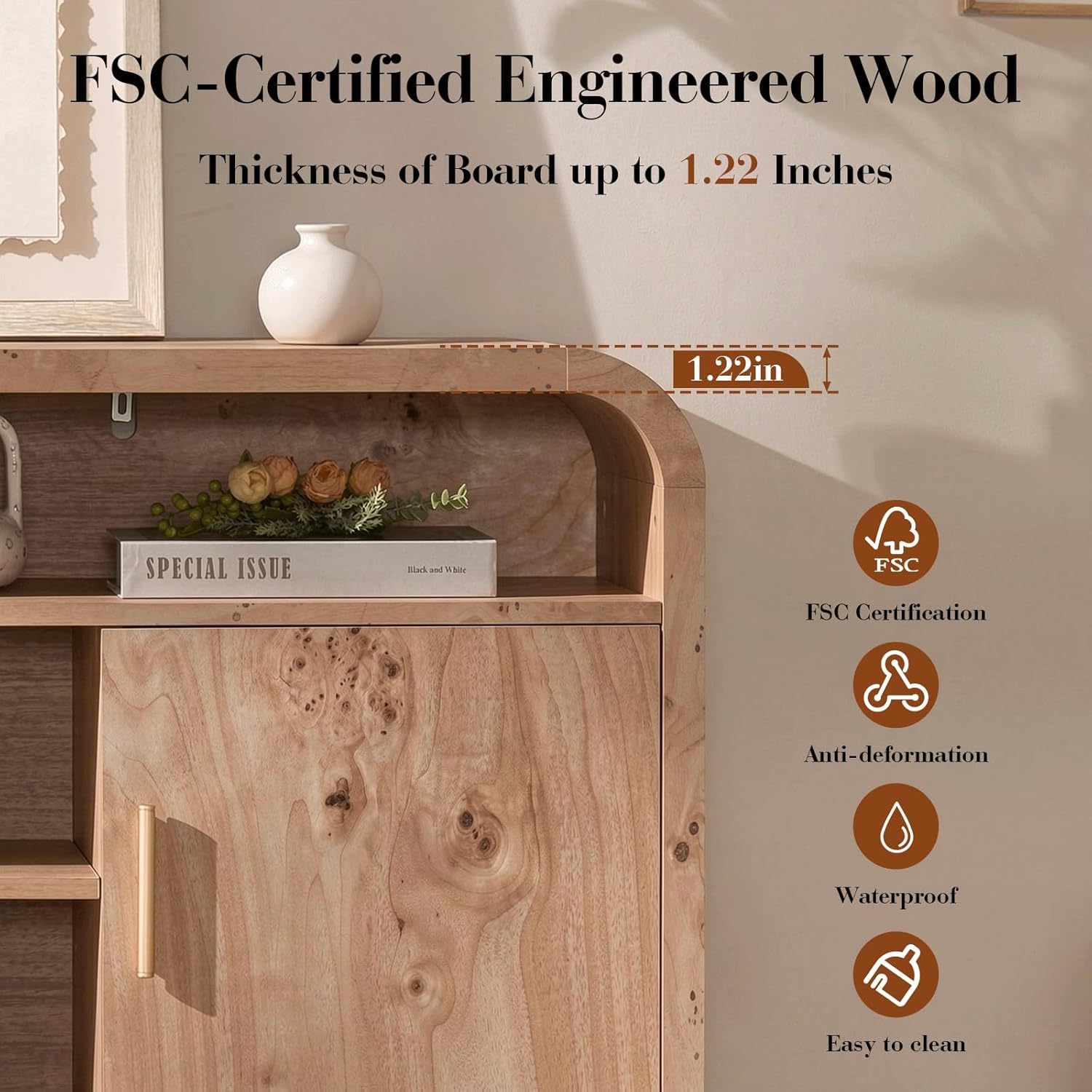 TV Stand for TVs Up to 65'' - [Unique Curved Profile, FSC-Certified Wooden Board] Entertainment Center with Adjustable Shelves and Storage Cabinet Modern Media Console for Living Room