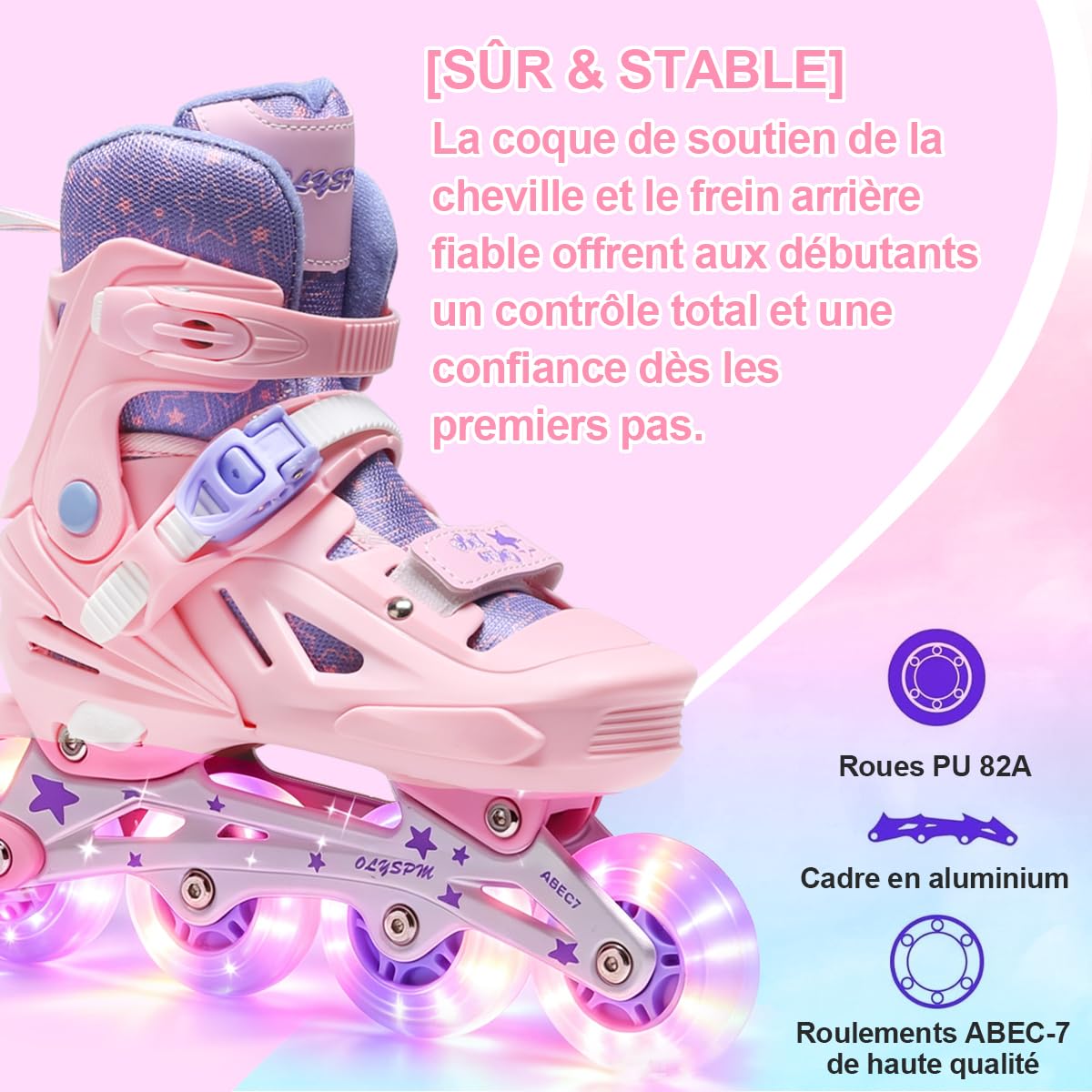 Patin a Roulette Fille Rose-Violet,Rollers en Ligne Réglables avec 8 Roues Lumineuses,Design Étoiles Amusant pour Débutants Adultes Cadeau Noël d'anniversaire