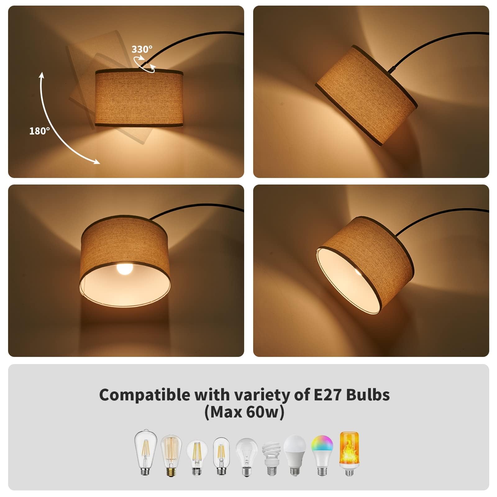 Modlicht Dekorative Bogenlampe JASMIN | Bogenleuchte LED E27 9W 3000K | Ø33CM Stoffschirm Leinen Beige | 165-180 cm Stehlampe für Wohnzimmer Schlafzimmer Büro Hotel
