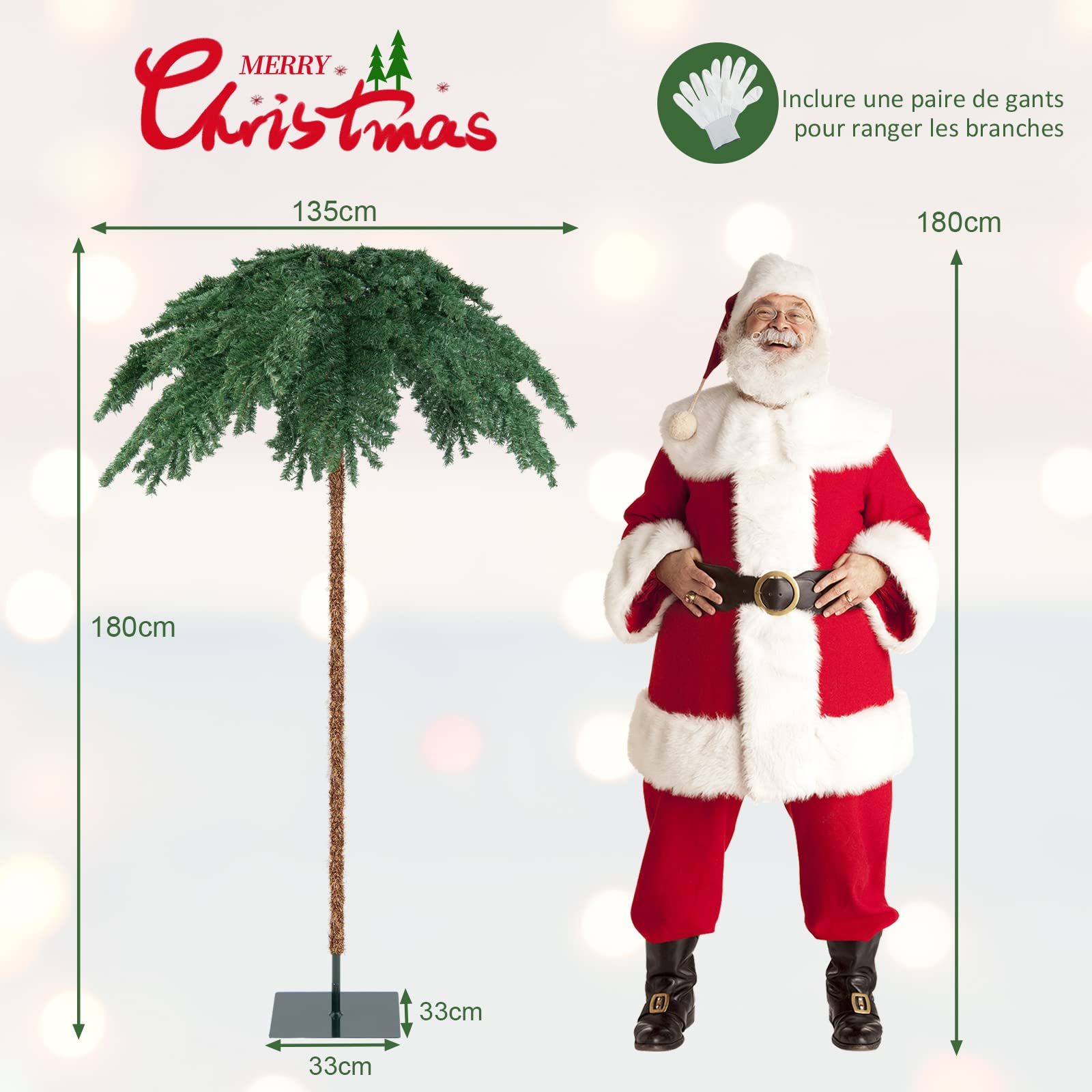 COSTWAY Sapin de Noël Artificiel de 180 cm, Palmier de Noël Pré-Illuminé avec 250 Lumières LED Blanc Chaud, 813 Branches, Structure à Charnière, Support, pour Porche, Maison