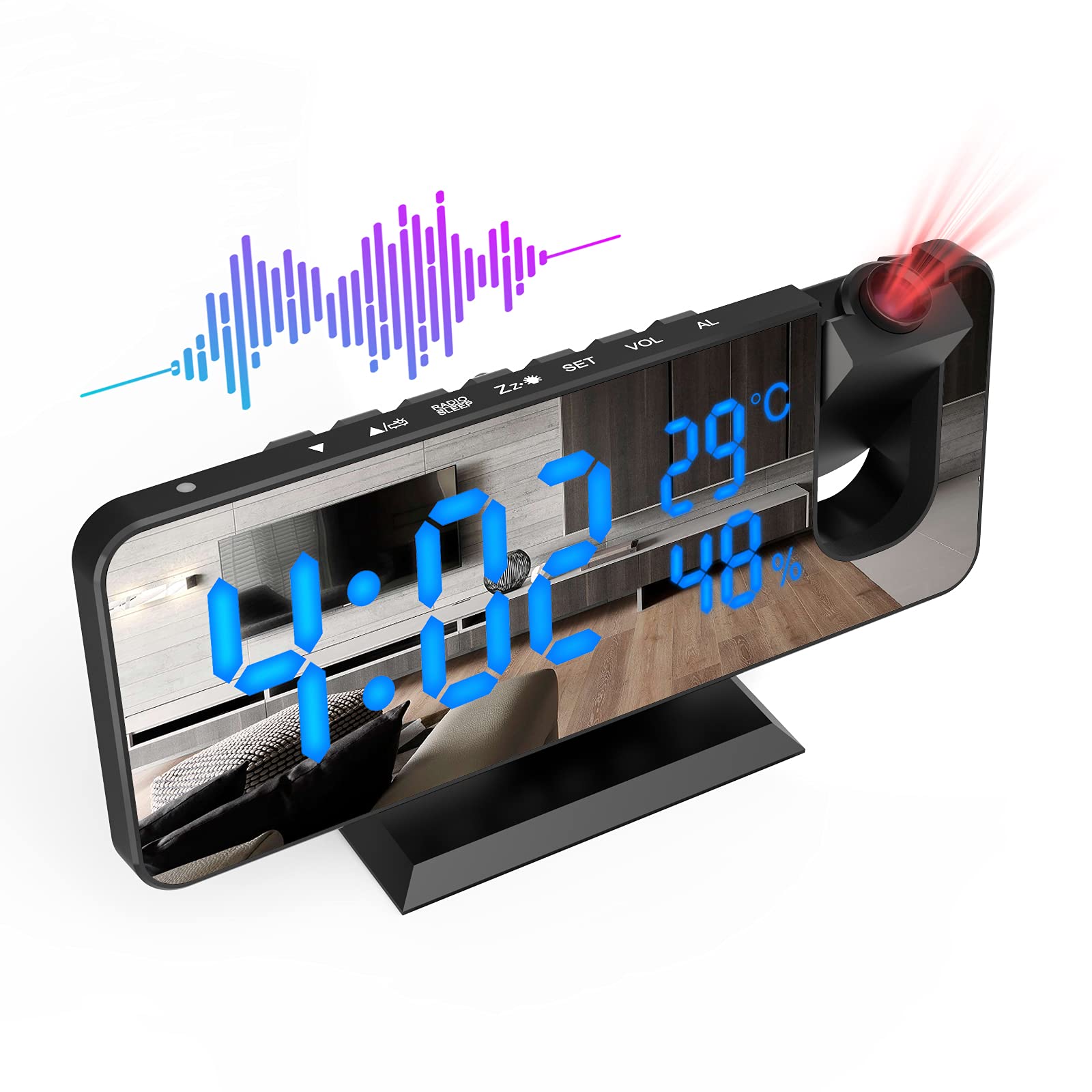 ShinePick Reveil Projecteur Plafond, FM Radio Reveil Projection 180°, Horloge Digitale Numérique avec 7' LED Écran Miroir, Port de USB, Double Alarme, Snooze, 4 Niveaux de Luminosité, 12/24H