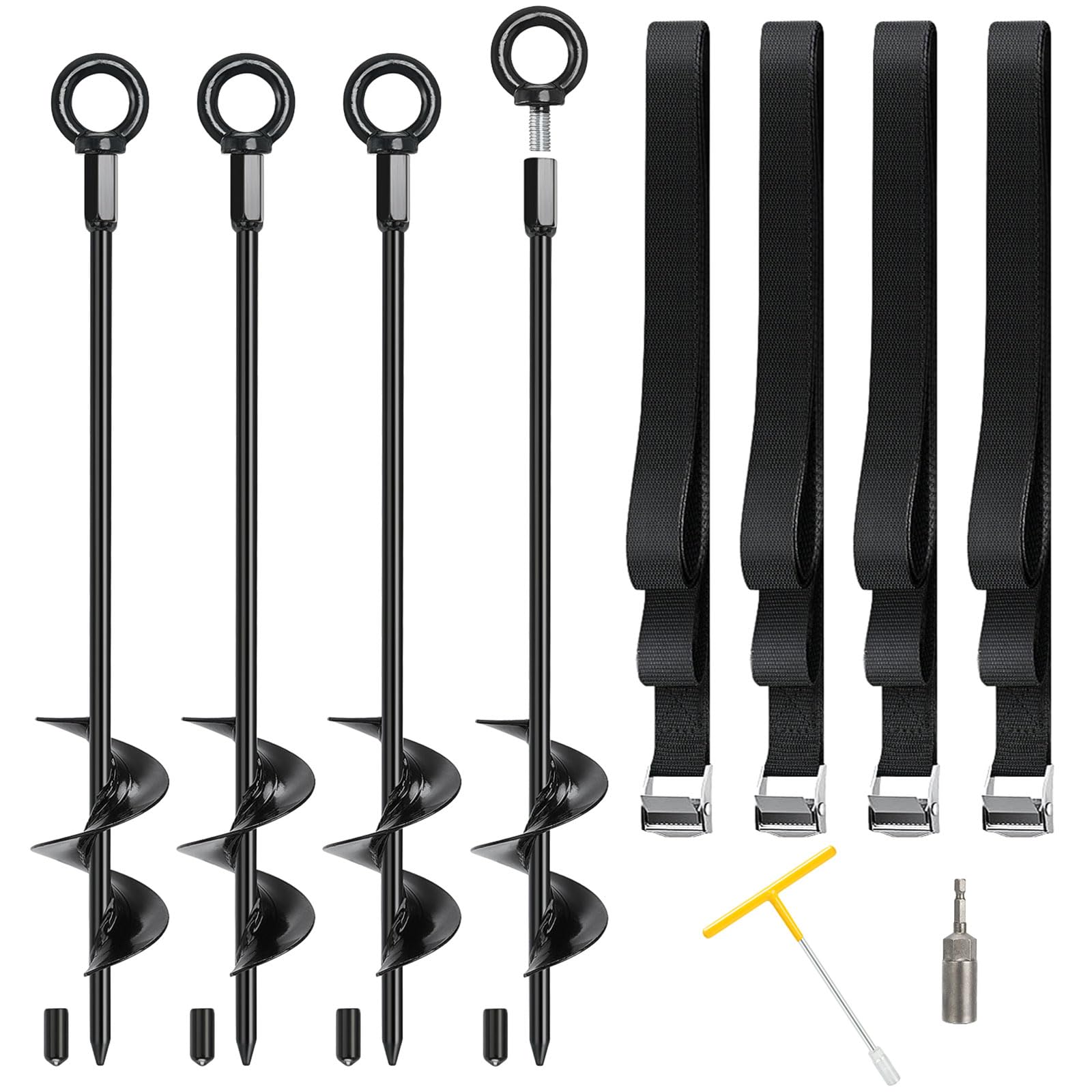 Funner Ground Anchor for High Wind, 45cm 4 Pack, Screw-In Fully Welded Spiral Trampoline Anchors Kit with Adjustable Tie Down Straps, Socket Tools, for Swing, Tent, Gazebo, Shed, Carport