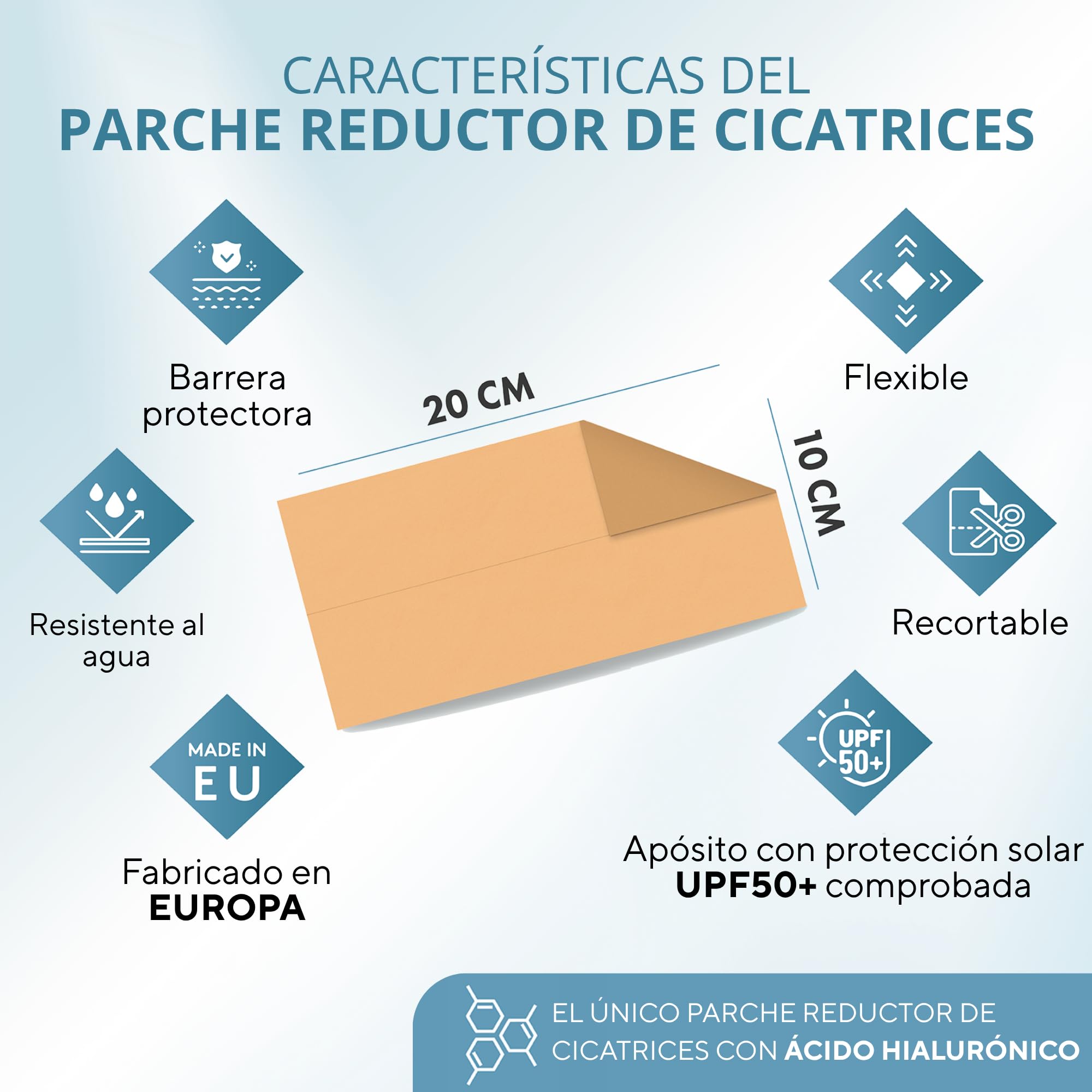 2 Parches Reductores de Cicatrices con Ácido Hialurónico [20x10 cm] - Tratamiento para Cicatrices y Queloides: Cesárea, Mamoplastia, Cirugías Estéticas o Generales