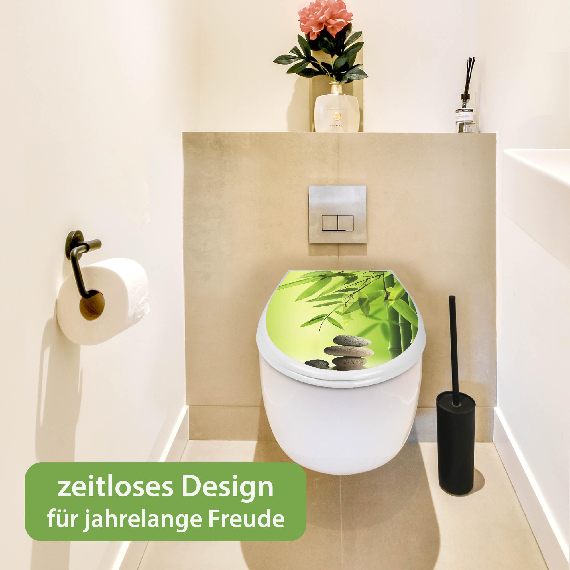 banjado Familien WC Sitz mit Absenkautomatik 44,9x37,1cm - Klobrille mit Kindersitz aus hochwertigem Polypropylen - Toilettendeckel mit Kinder Toilettensitz integriert - Motiv Innere Ruhe