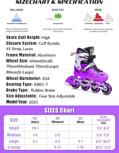 Miniatura 6 de METROLLER Inline Skates for Girls and Boys, Women, Men 4 Sizes Adjustable Inline Skates with Light Up Wheels, Illuminating Beginner Skates for Kids