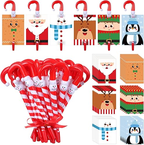 Qilery 60 juegos de bolígrafos de bastón de caramelo de Navidad con tarjetas de felicitación, incluye bolígrafos de Navidad, bolígrafos de dibujos