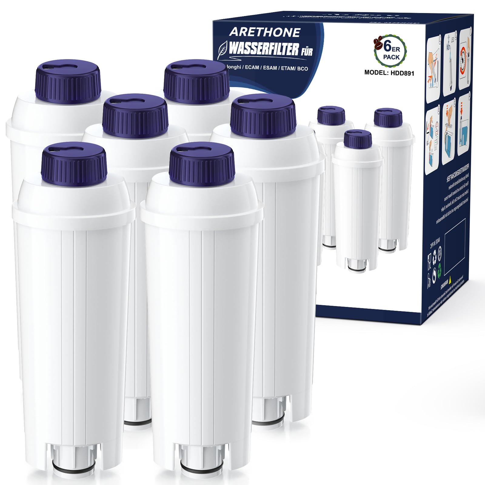 ARETHONE Wasserfilter, Ersatz für De'Longhi Kaffeevollautomaten DLSC002 Filter, Kaffeefilter Kompatibel mit De'Longhi Magnifica S, Dinamica, Eletta Explorer, ETAM, EPAM-Serie (6-Stück)