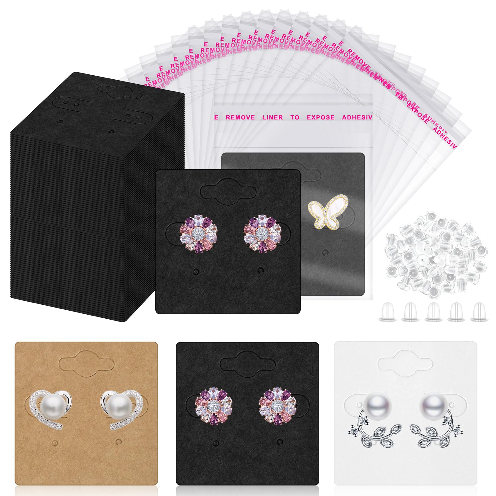 TansticKraft Paper Earring Cards Kit, Includes Kraft Earring Display Cards, Self Sealing Bags and Earring Backs for Jewelry Display (Black-50x50mm)