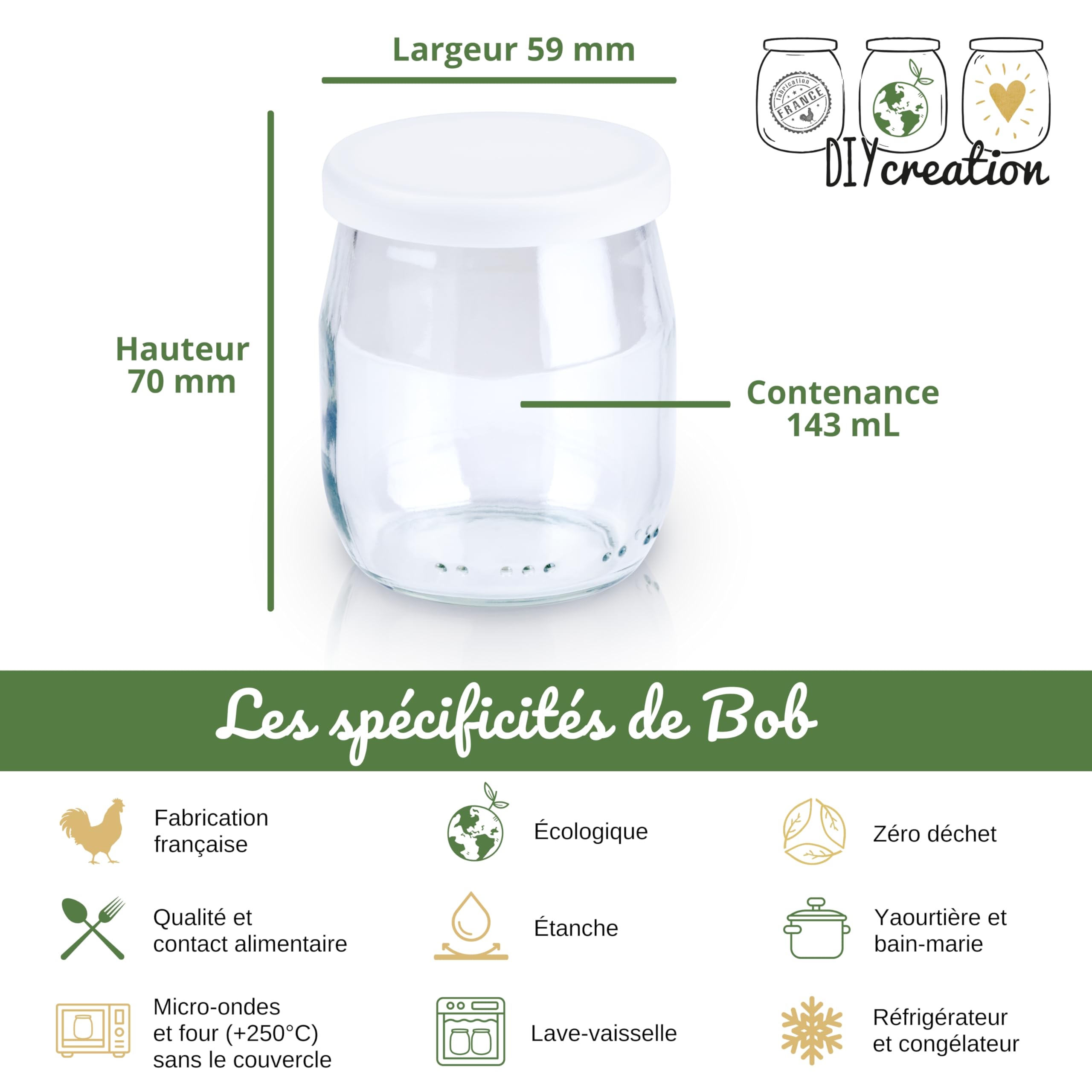 Lot 12 Pots Yaourt Verre 125g Avec Couvercles Hermétiques - Compatible Seb Multidélices, Thermomix, Cookeo - Fabrication Française