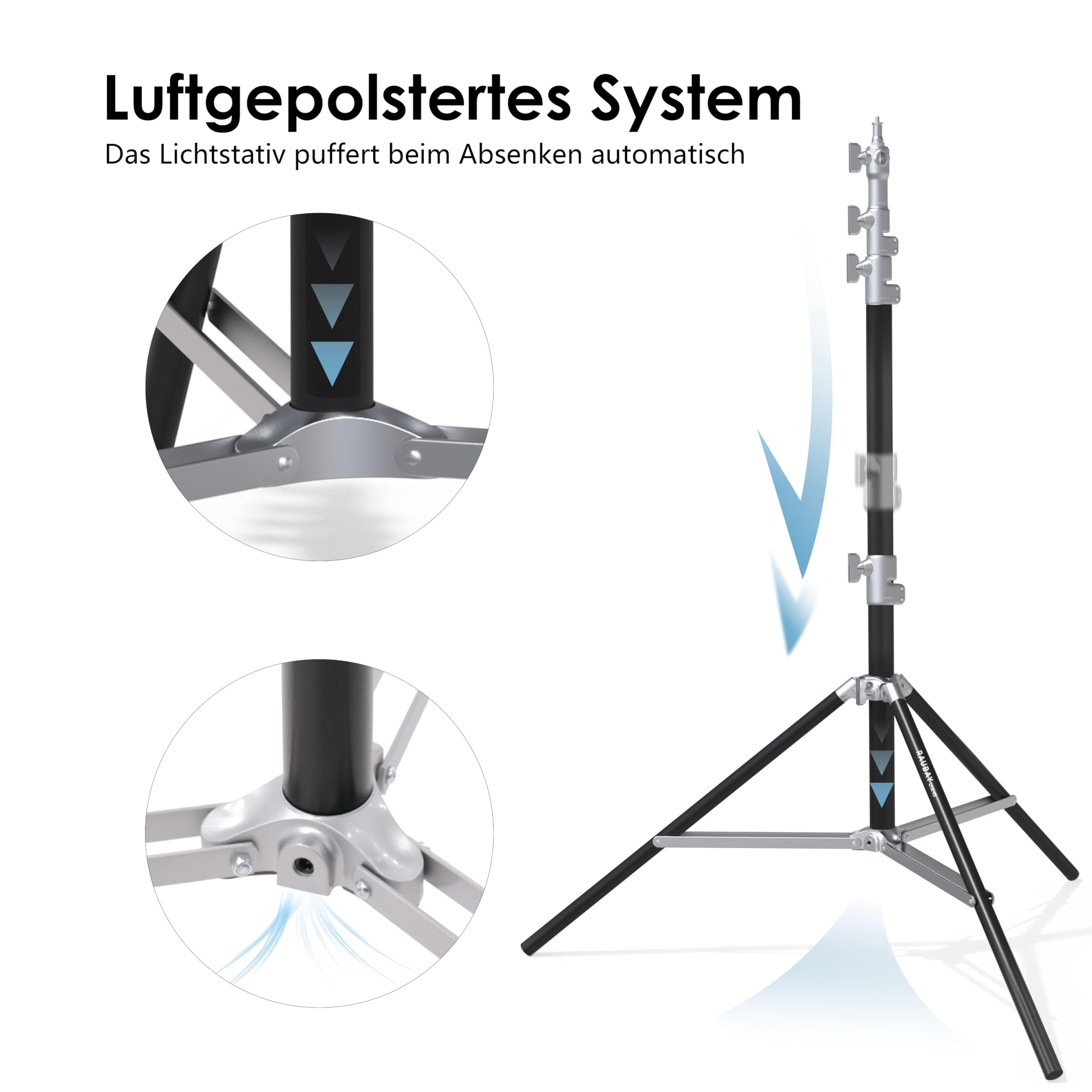 RAUBAY 3 m Robustes Lampenstativ, Luftfederung, Silber, LT30-RS | Aluminium-Fotostativ mit 1/4- und 3/8-Zoll-Anschlüssen für Softboxen, Studioleuchten, Video und Fotografie