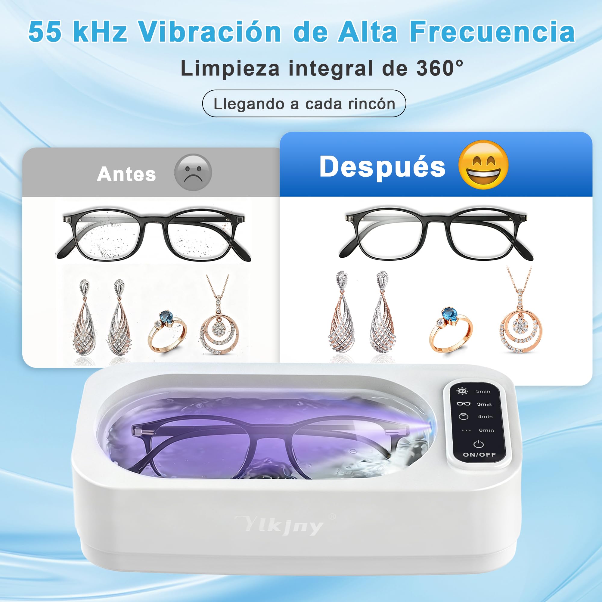 Limpiador ultrasonidos casero 55KHZ con 350 mL, limpiador gafas para joyas | Ultrasonic cleaner y tanque 304,limpia gafas y 4 modos,limpia sin rayar brochas,relojes,dentaduras,compacto para viajes
