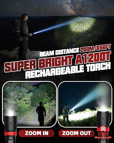 Miniatura 2 de Victoper Rechargeabe - Linterna A1200T (2 unidades, 5 modos, LED, brillantes, tácticas, altos lúmenes, luz de flash impermeable con zoom para