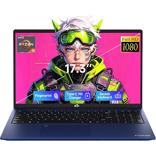 NIMO 17.3" FHD Gaming Laptop, AMD Ryzen 5 6600H 16GB DDR5 RAM 512GB SSD (Beat i7-1165G7, 6-Core up to 4.5GHz) Radeon 660M Graphics Computer with 100W Fast PD Backlit Keyboard for Business & Student