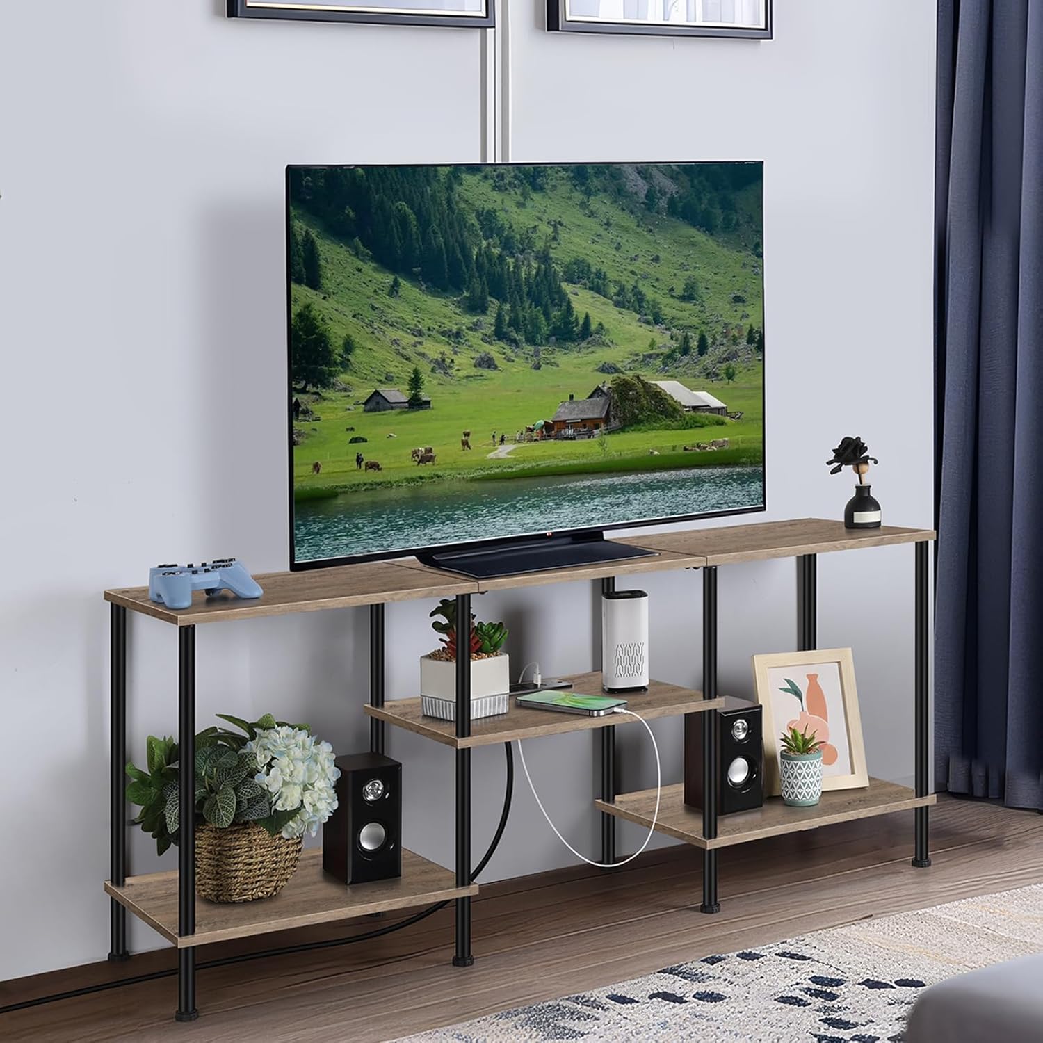 50 inch TV Stand for Living Room Small Entertainment Center with Storage Shelf & Power Outlets, Modern Farmhouse TV Console Table Media Cabinet for Bedroom, Rustic Grey