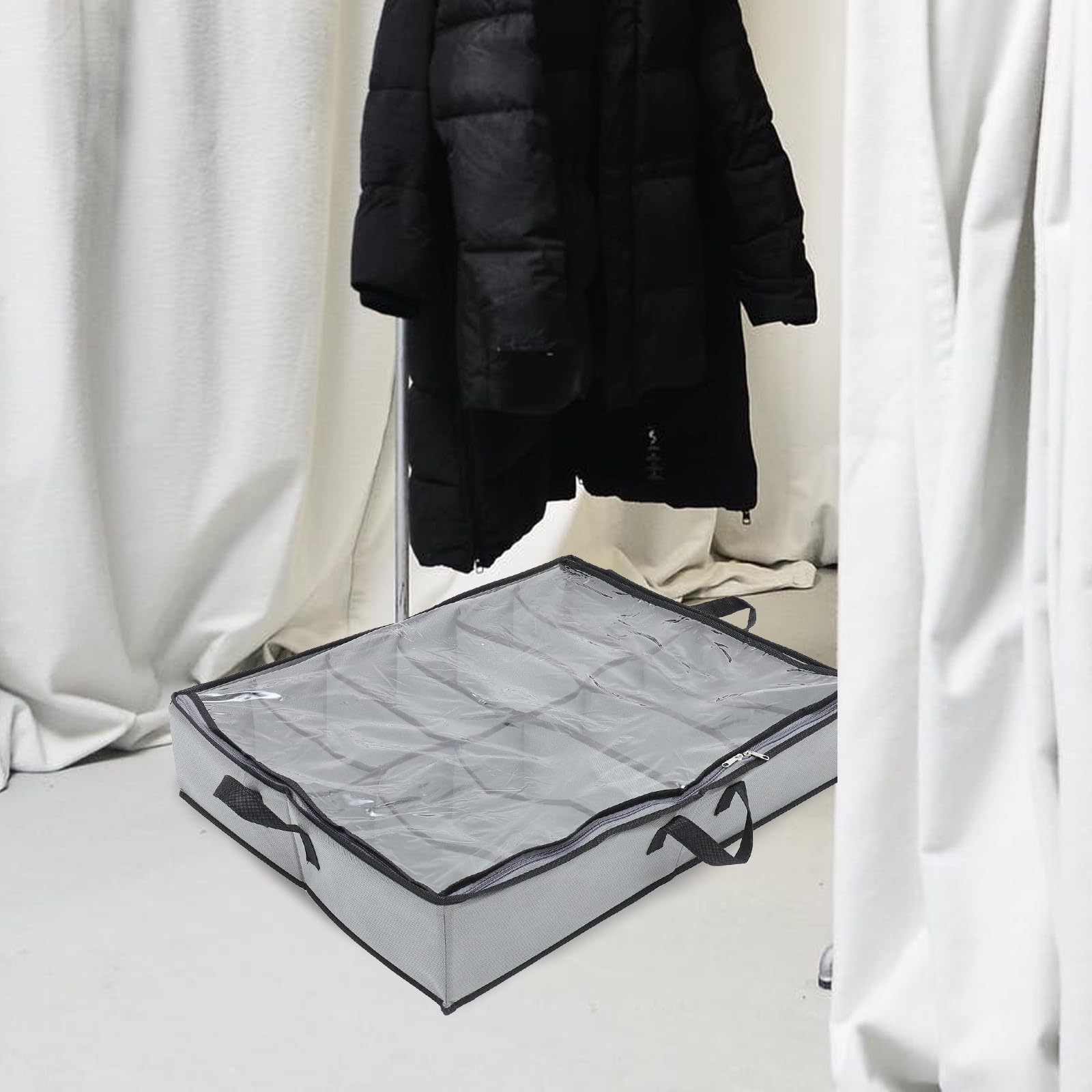 SHINEOFI Contenitore Scarpe Pieghevole con 12 Scomparti per Letto e Armadio | Capacità Ampia, Maniglia Lunga, Tessuto Non Tessuto e Pe, Grigio, con Coperchio Trasparente