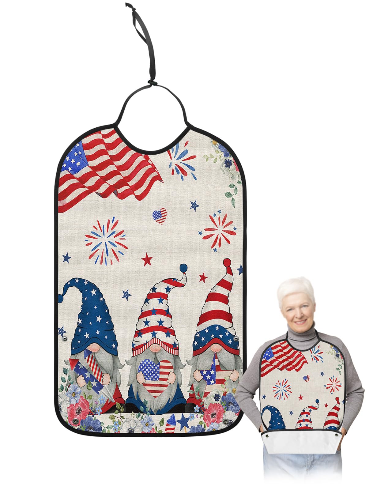 Flower Gnomes Adult Bib for Eating with Crumb Catcher,Washable & Waterproof Terry Cloth Adjustable Elderly Women Men Adult Bibs Funny Apron Reusable Clothing Protector Summer Independence Day Red Blue