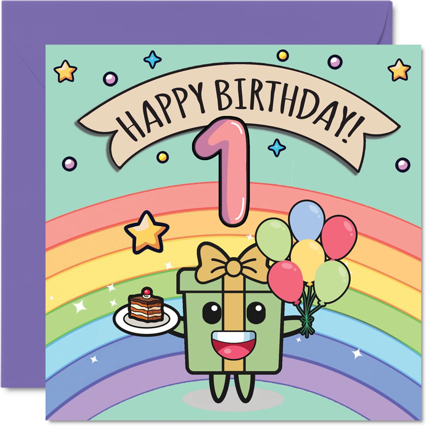 1st Birthday Card - Cute Rainbow Present Balloons Cake - Happy Birthday Cards for Age 1 Boys Girls Boy Girl, 145mm Bday Greeting Cards