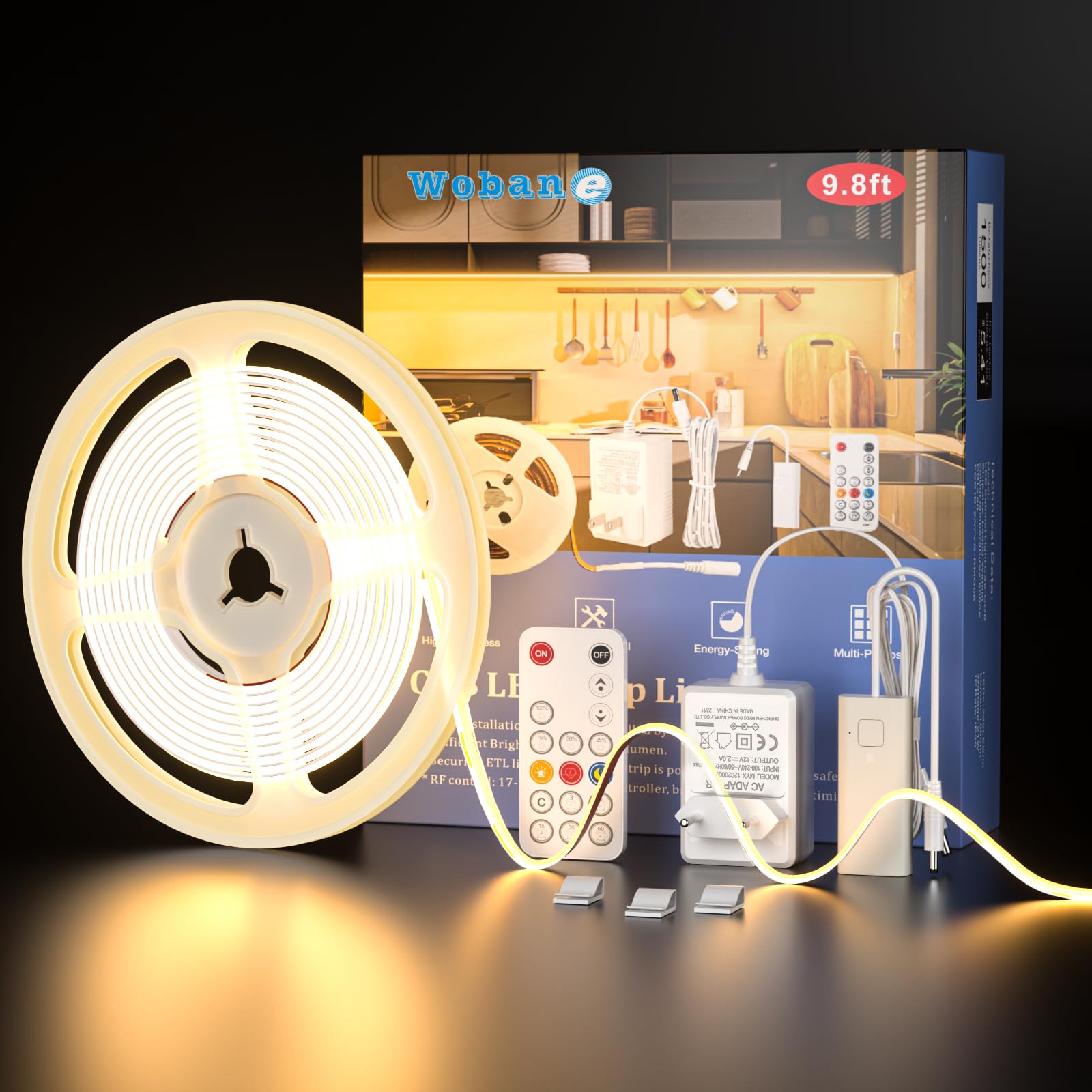 WOBANE Tira Led COB Blanco Cálido 3000K, Luces Led 3 Metros con Control Remoto Regulable,Tiras Led Cocina Bajo Mueble con Alimentación para Habitacion,Escaparate,Gabinete