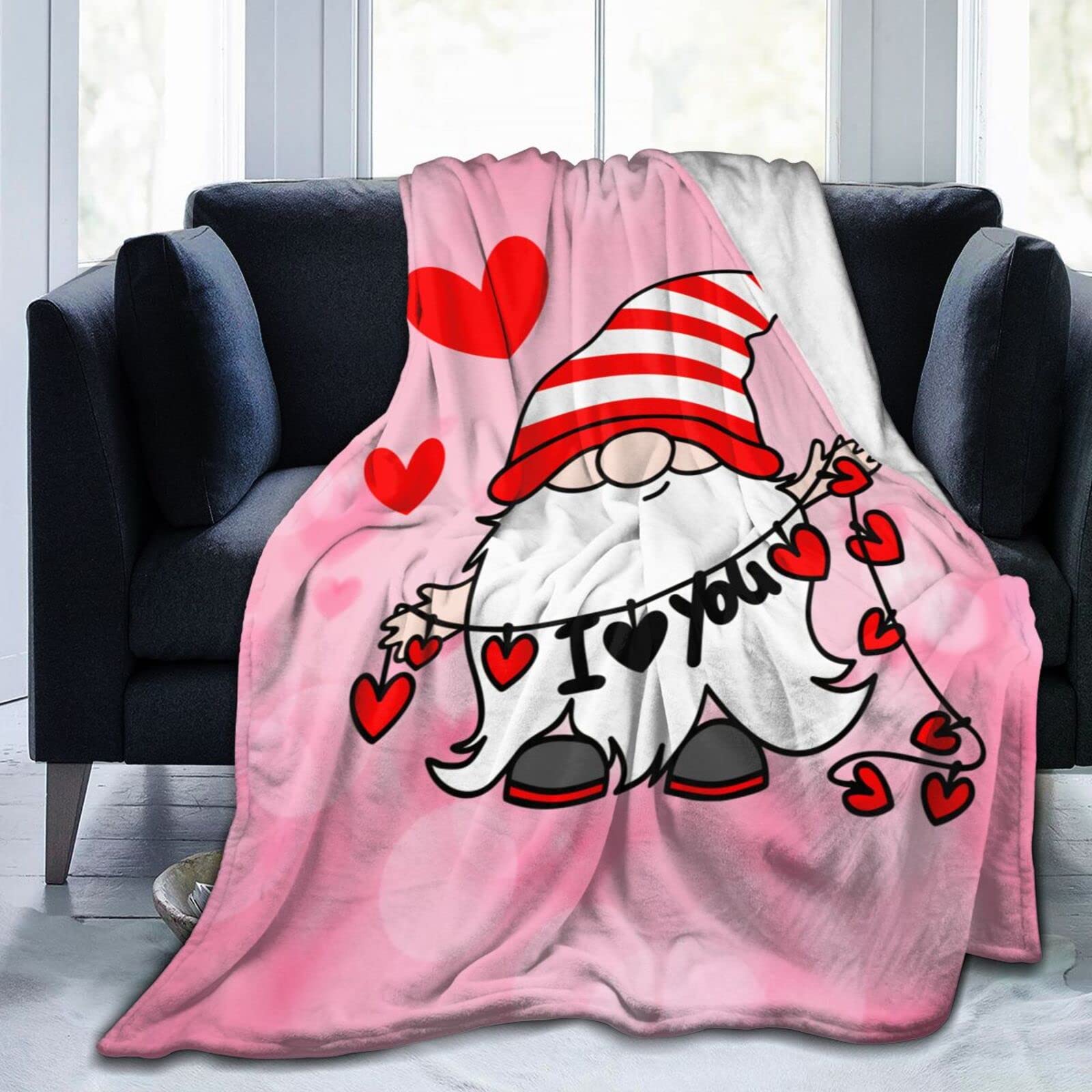 Lsjuee Valentine's Day Gnome Throw Blanket Warm Cozy Lightweight Blankets Happy Valentine's Day Gift Flannel Blanket for Sofa Couch Bed Office Holiday Decorative 50"X40"