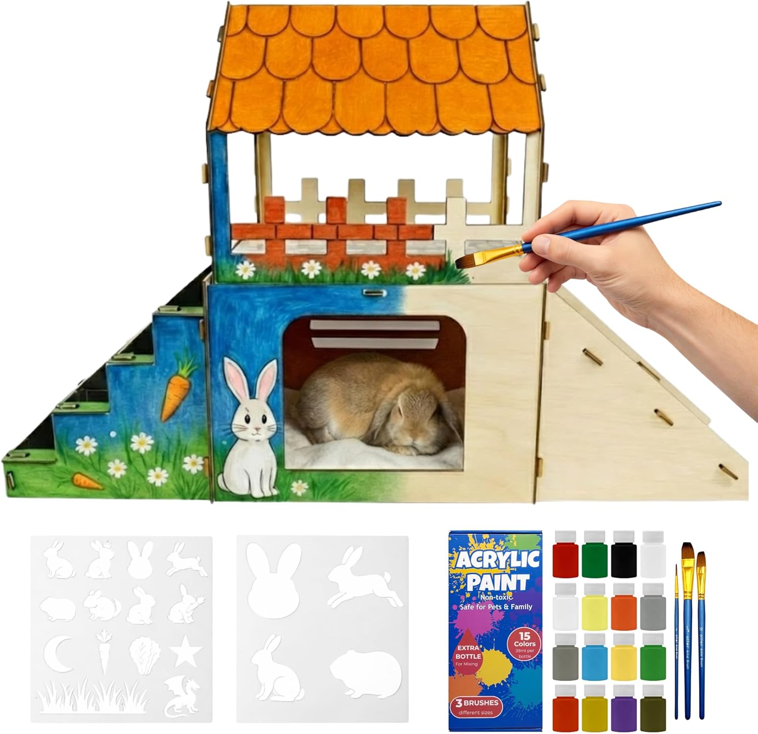 OtterPets Extra Large Bunny Hideout, Cozy Rabbit Castle with Fleece Mats, Wooden Rabbit Hideout, Bunny House Indoor Indoor, Chinchilla, Guinea Pig House (DIY Paint Kit)
