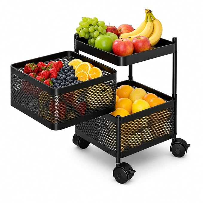 Homeor 2 Layer Kitchen Trolley with Wheels | 360° Rotating Metal Storage Rack for Vegetables, Fruits, Onion & Spices | Square Multipurpose Kitchen Organizer Stand | Metal Kitchen Trolley, Matte Black