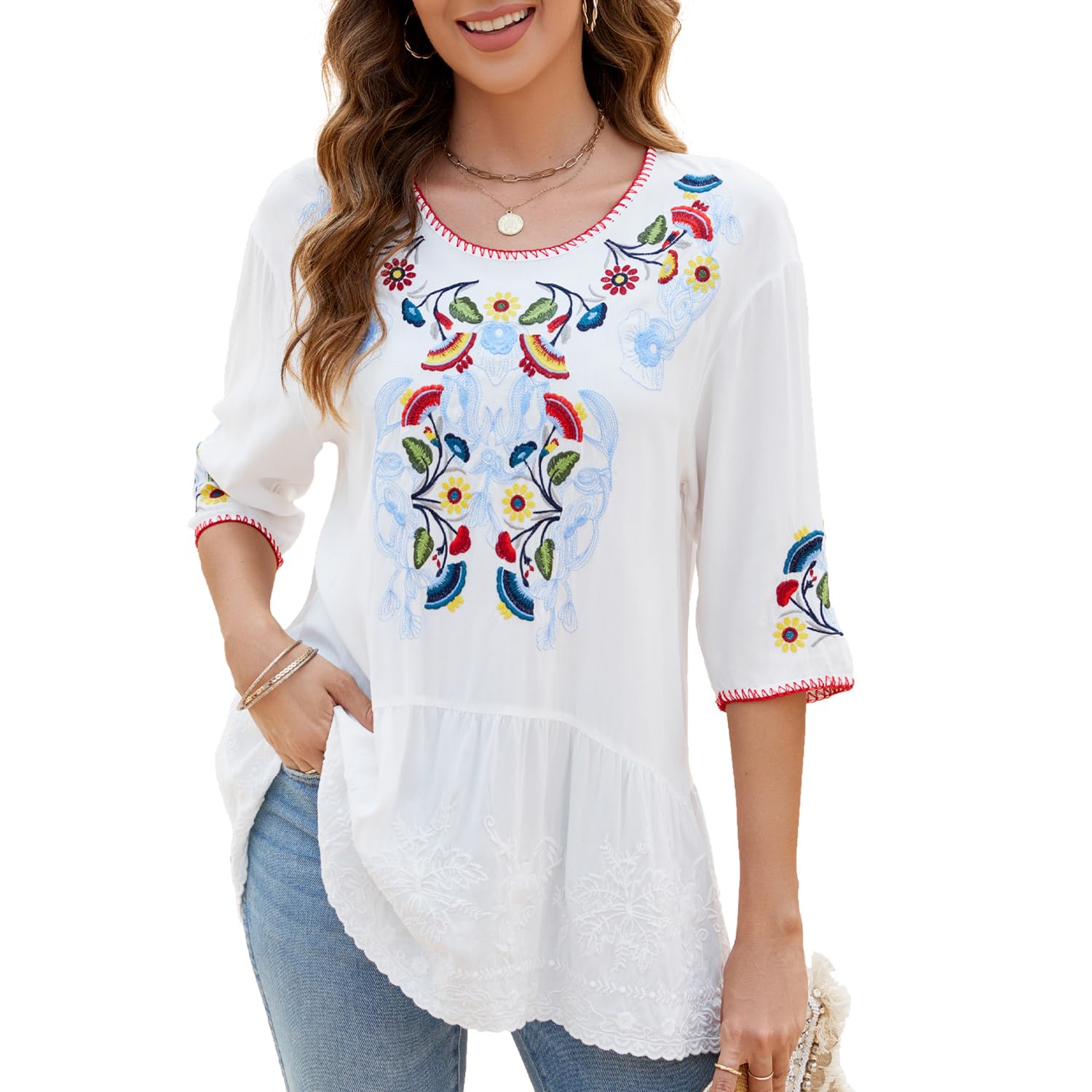 St.Lareina Women's Embroidered Tops 3/4 Sleeve Mexican Blouses Shirts Round Neck Dressy Tunics Peasant Tops Loose Fit